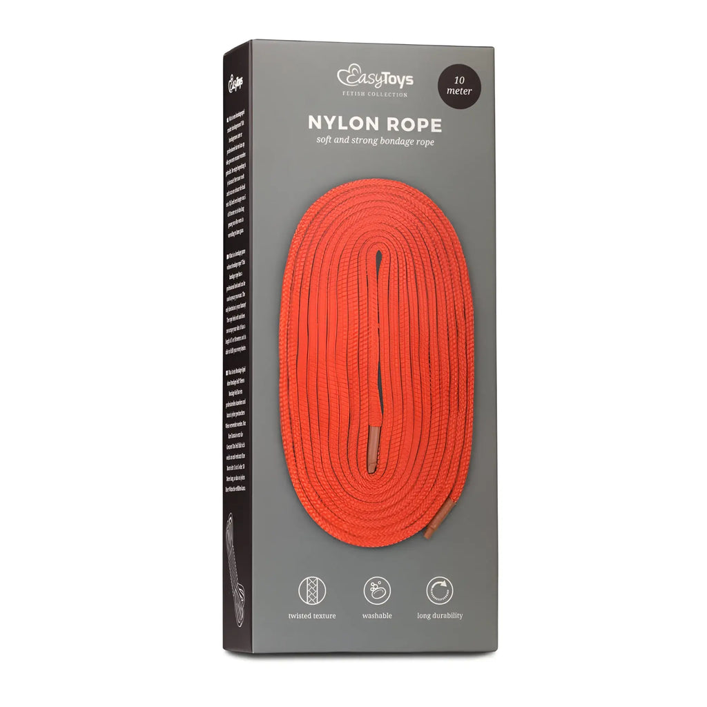 Bright orange nylon bondage rope 10m packaged in a sleek gray box labeled easytoys fetish collection