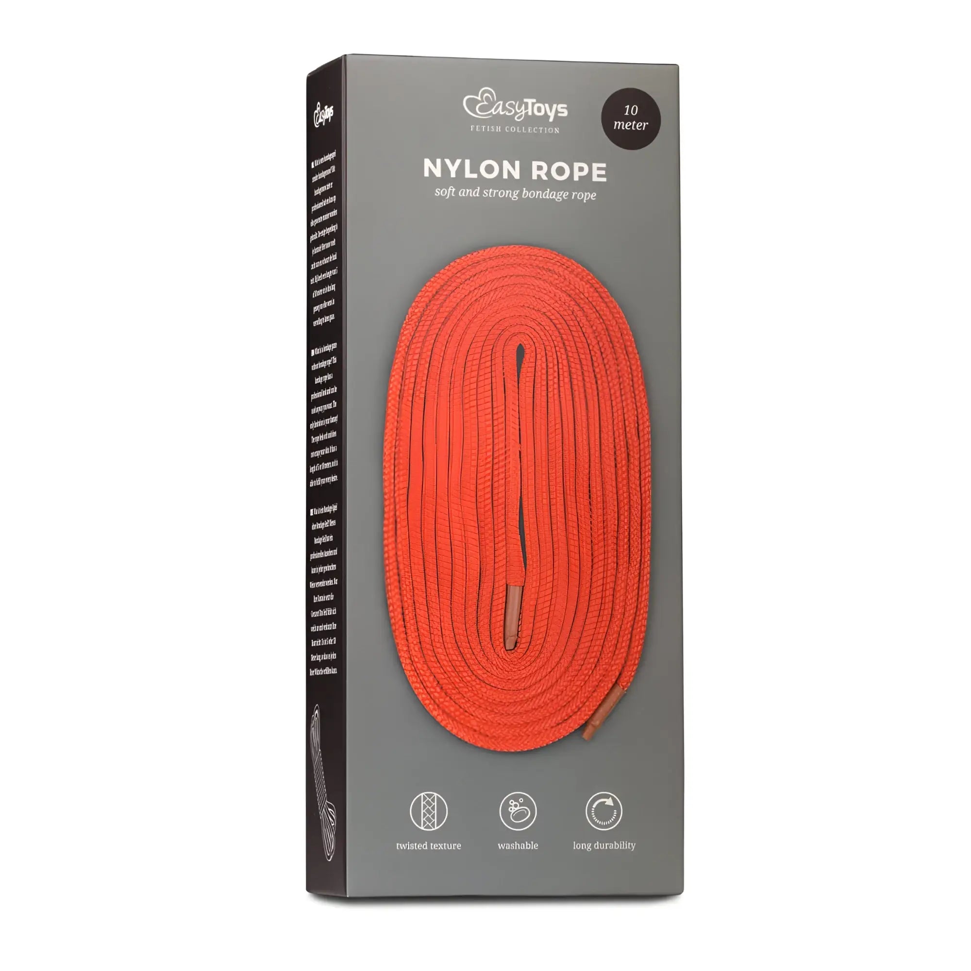 Bright orange nylon bondage rope 10m packaged in a sleek gray box labeled easytoys fetish collection
