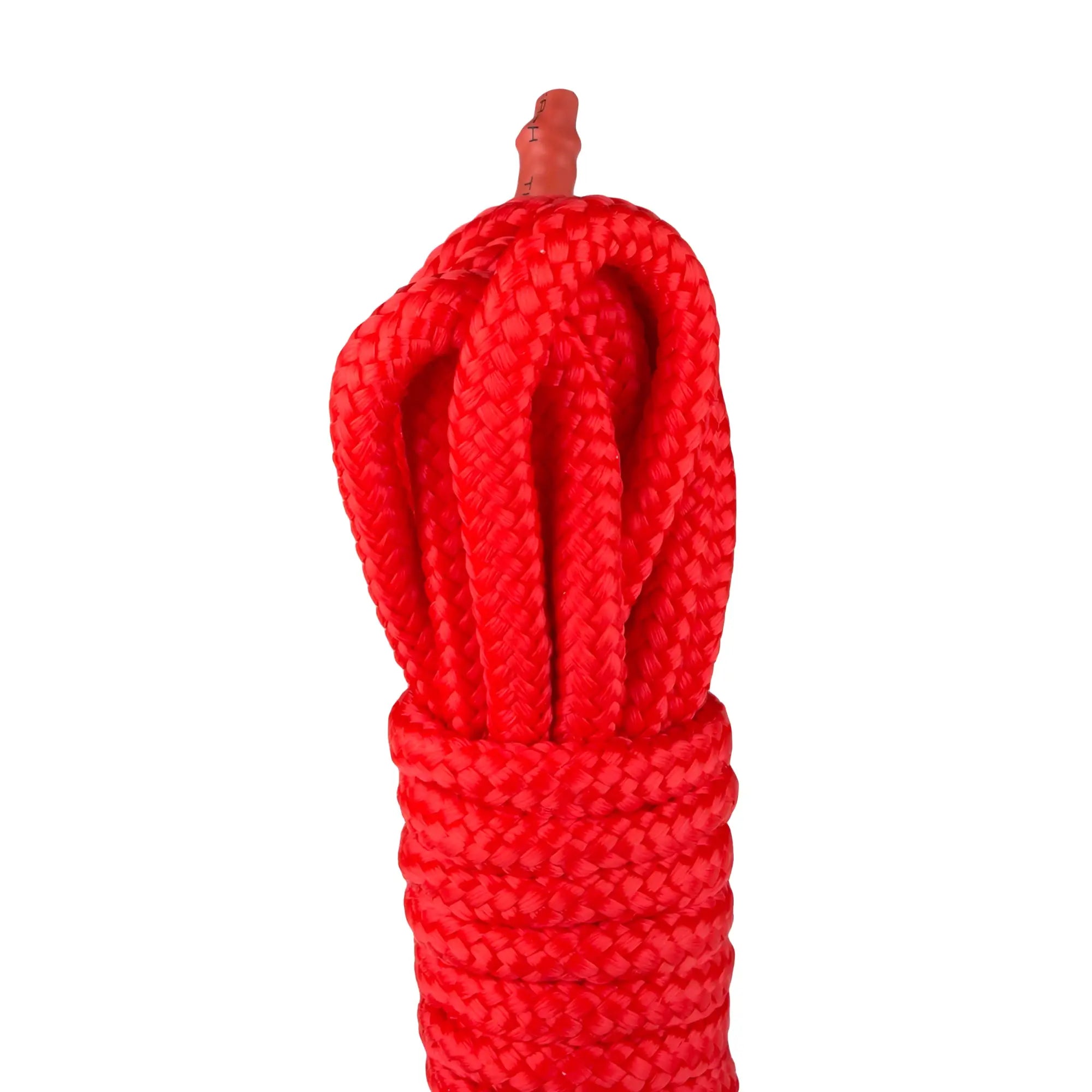 Bright red tightly braided bondage rope 10m with textured weave and plastic tip from fetish collection