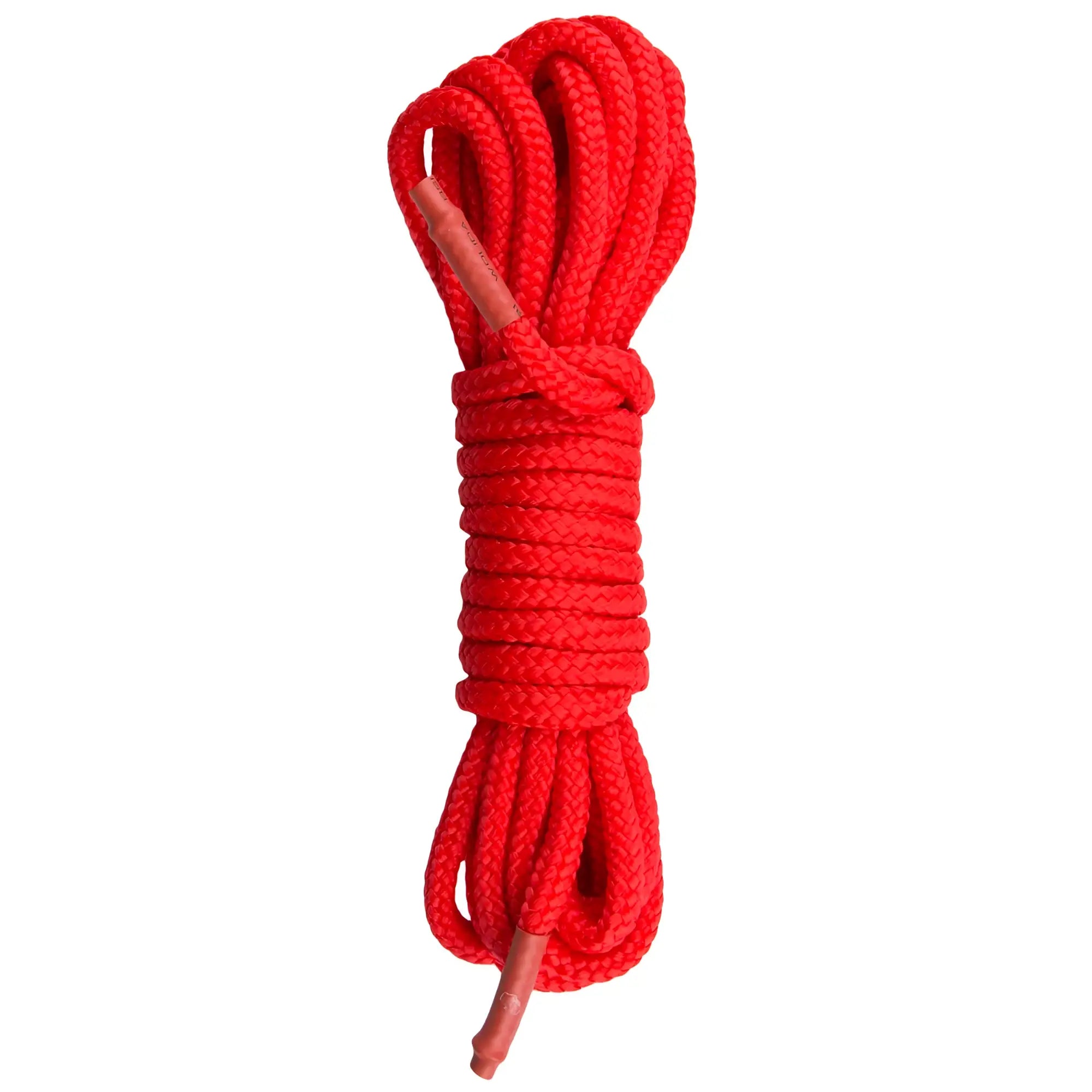 A vibrant red 10m braided bondage rope with wooden ends from the fetish collection neatly coiled