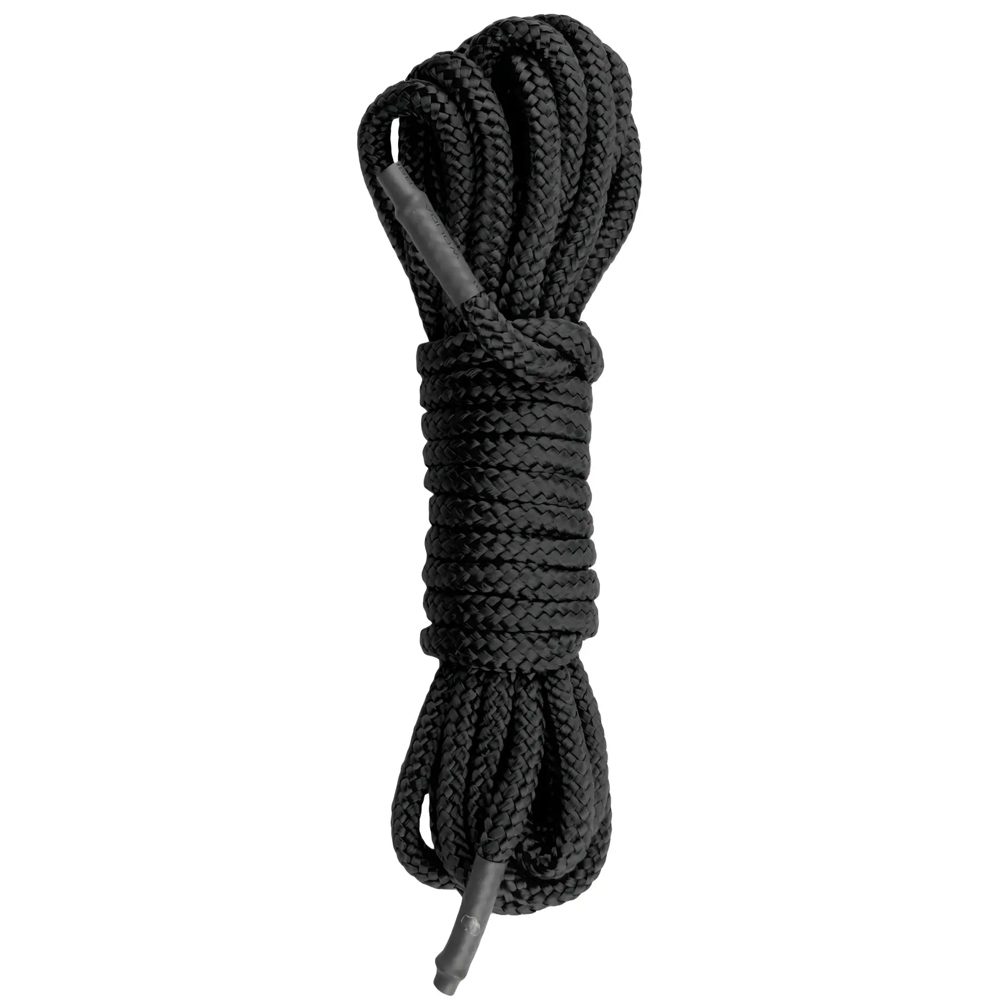 Black braided bondage rope 5m with reinforced ends neatly coiled from fetish collection