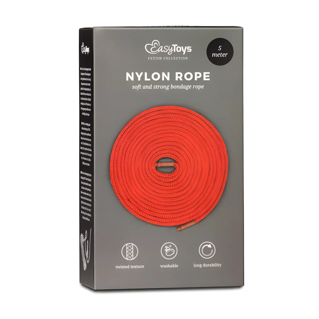 Bright red nylon bondage rope coiled neatly in a gray easytoys fetish collection package 5m length