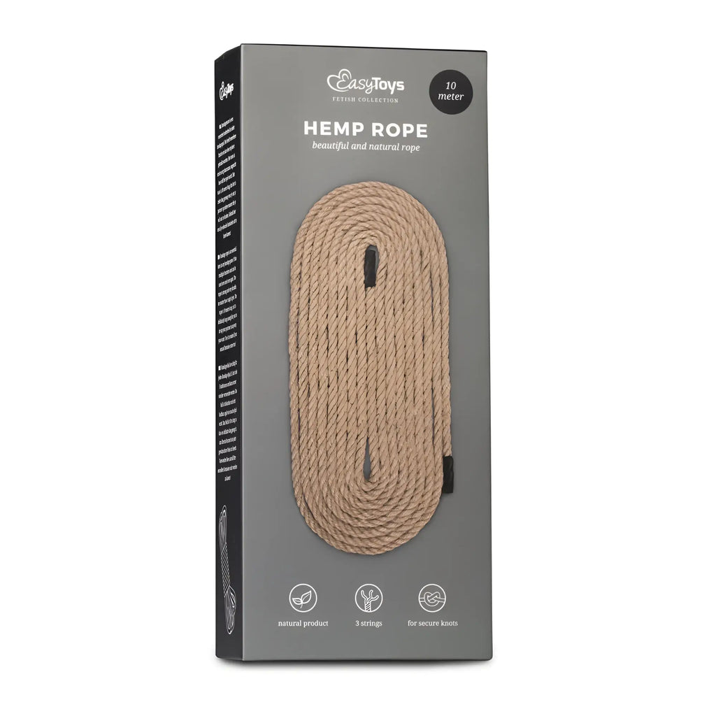 Natural beige hemp bondage rope 10m coiled neatly in easytoys packaging from fetish collection