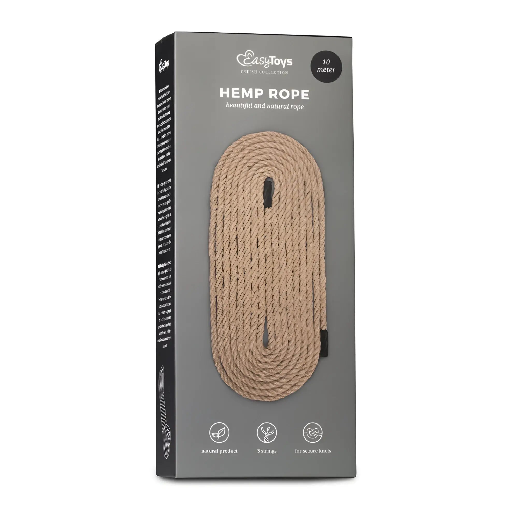 Natural beige hemp bondage rope 10m coiled neatly in easytoys packaging from fetish collection