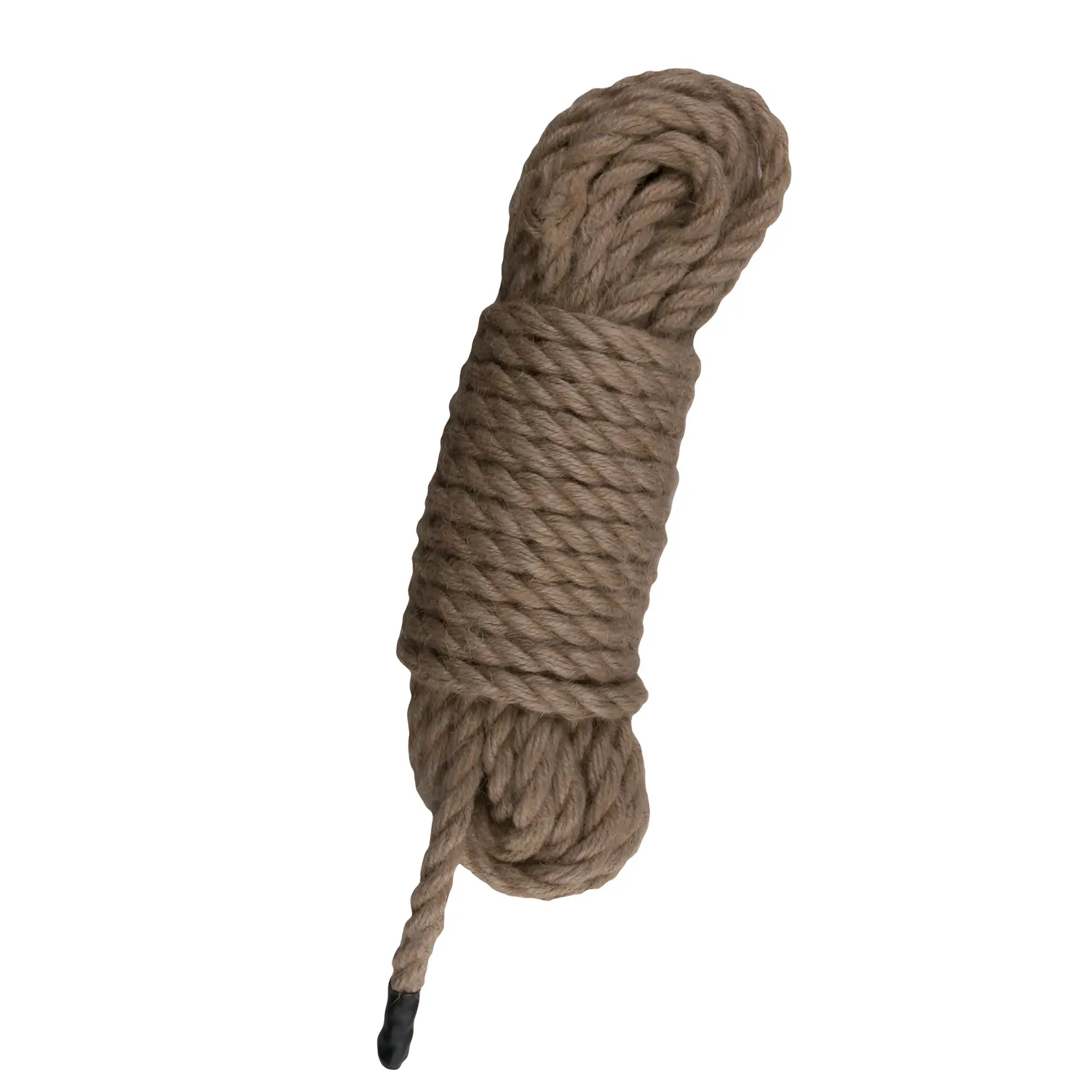 Coiled beige hemp bondage rope 10m with black plastic tip from fetish collection for restraint use