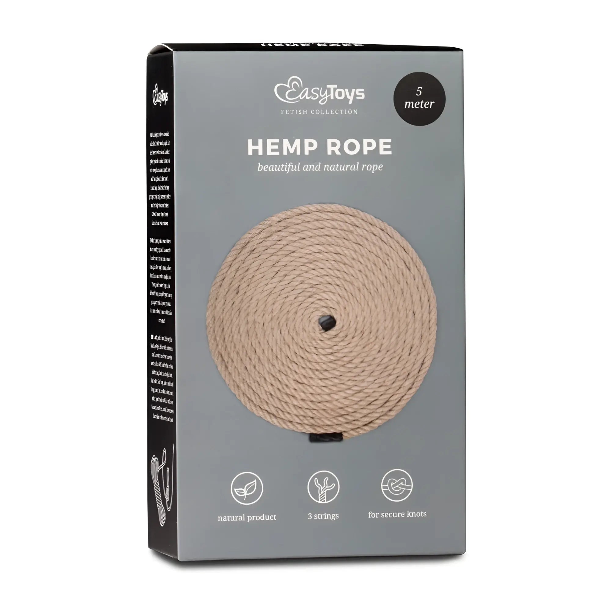 A 5-meter natural beige hemp bondage rope from easytoys neatly coiled in a gray box from the fetish collection