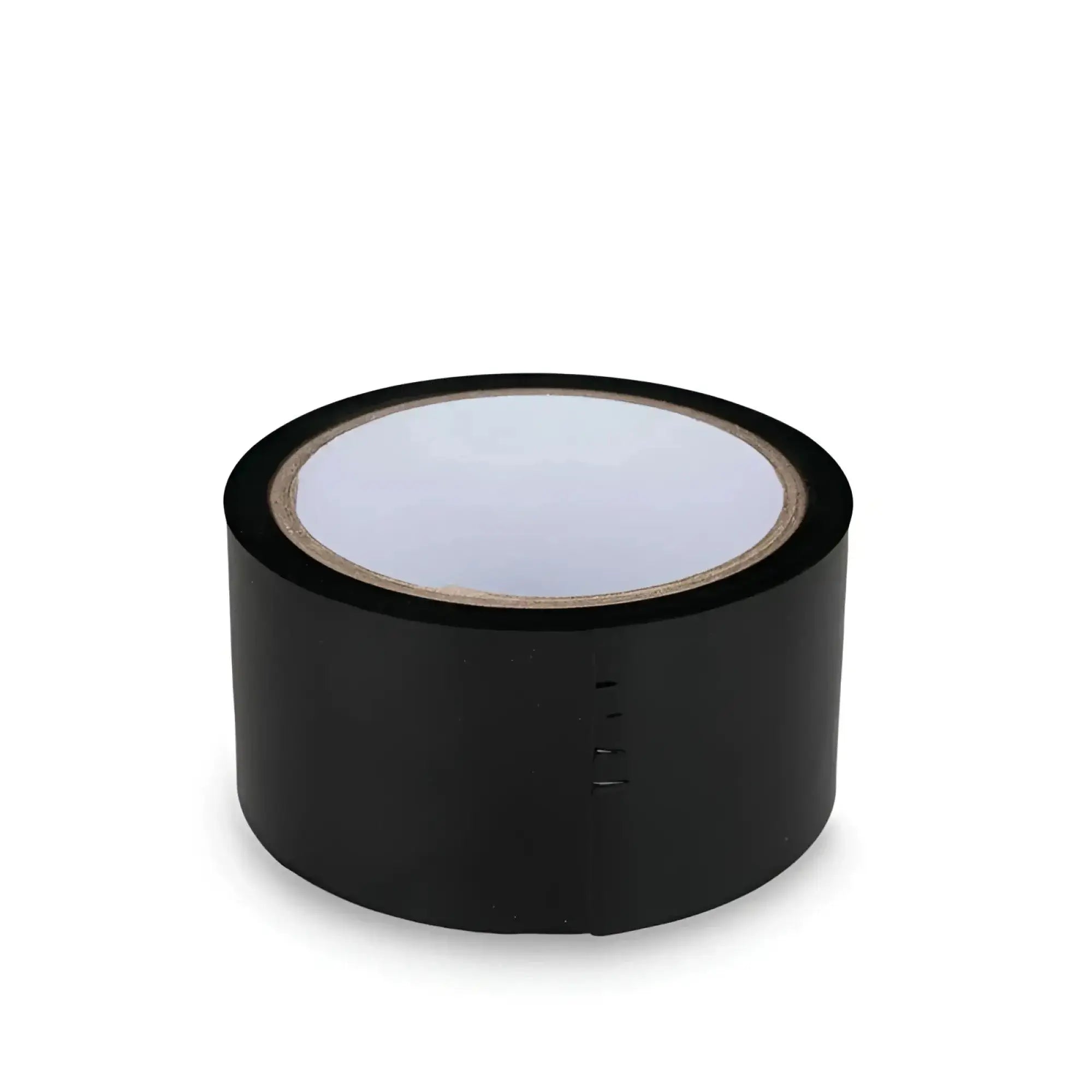 Black adhesive bondage tape roll from fetish collection with matte finish and perforations along its side