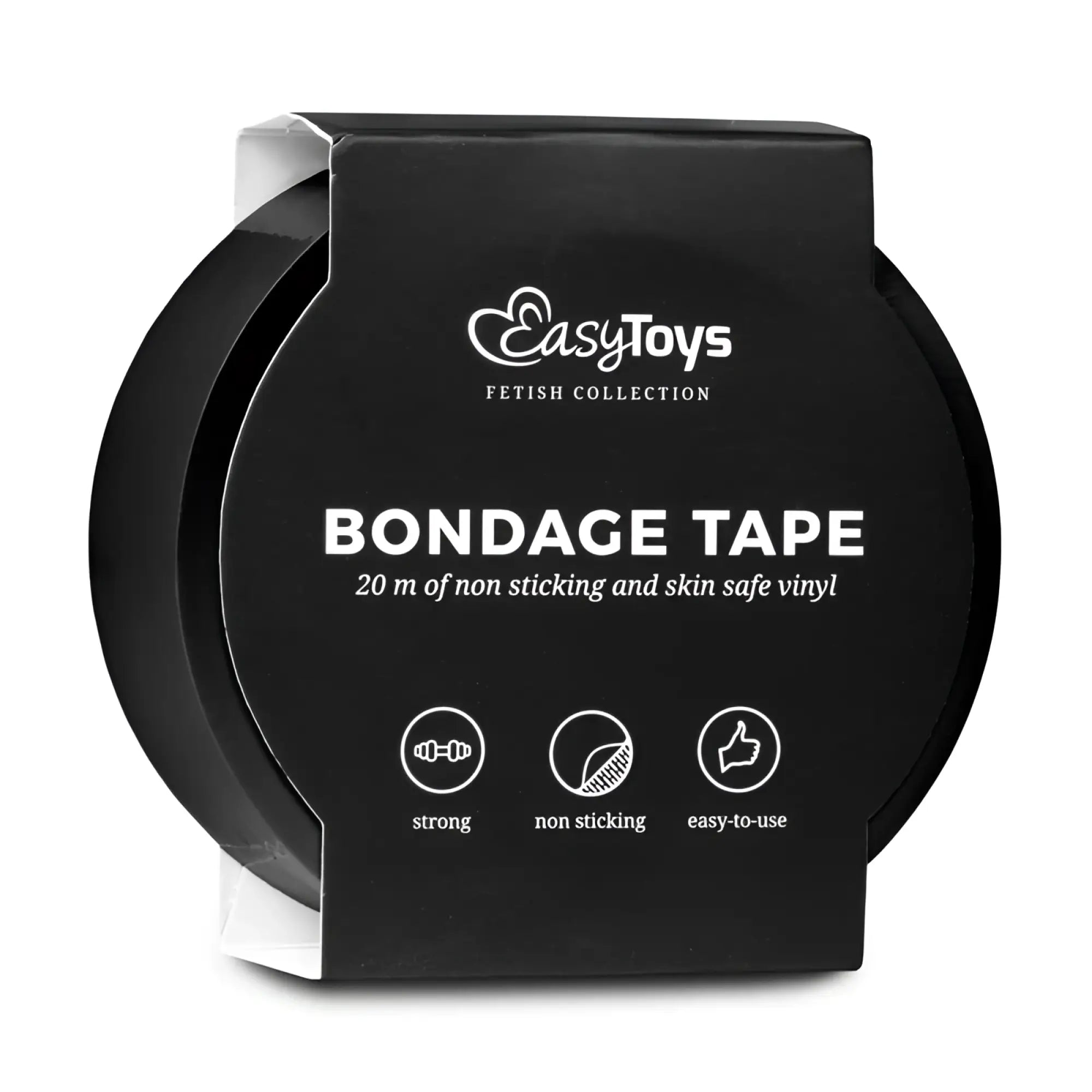 Black easytoys fetish collection bondage tape in a circular package with 20 meters of non-sticking skin-safe vinyl