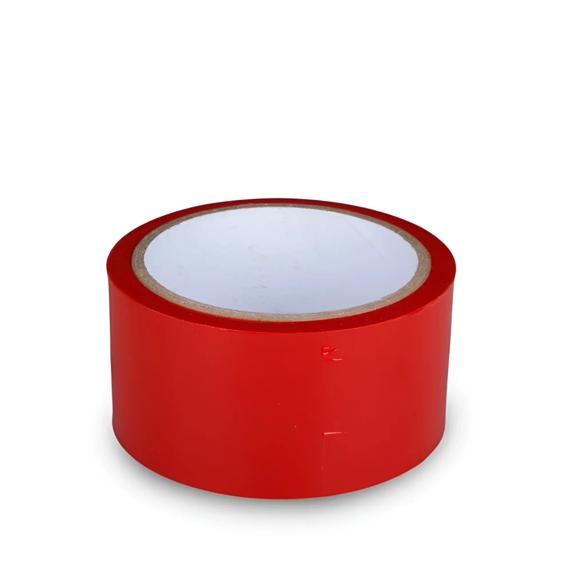 A roll of bright red fetish collection bondage tape with a white inner core and brown cardboard backing