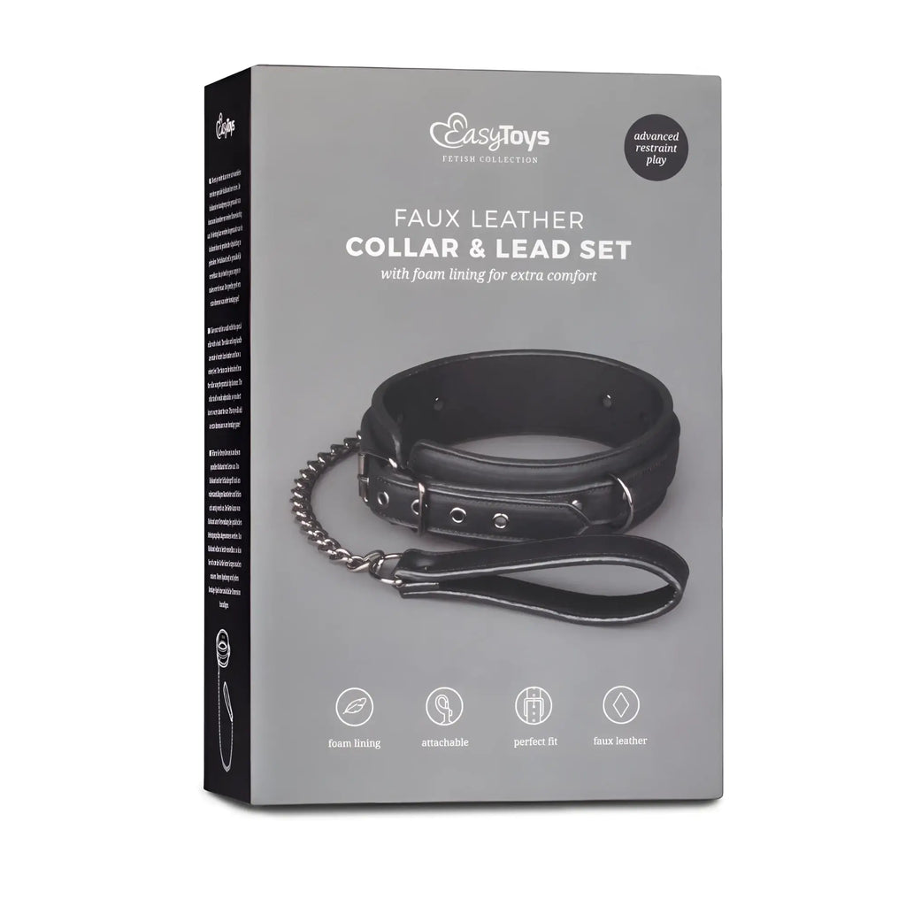 Black faux leather fetish collar with leash set featuring silver-toned metal hardware for bondage play