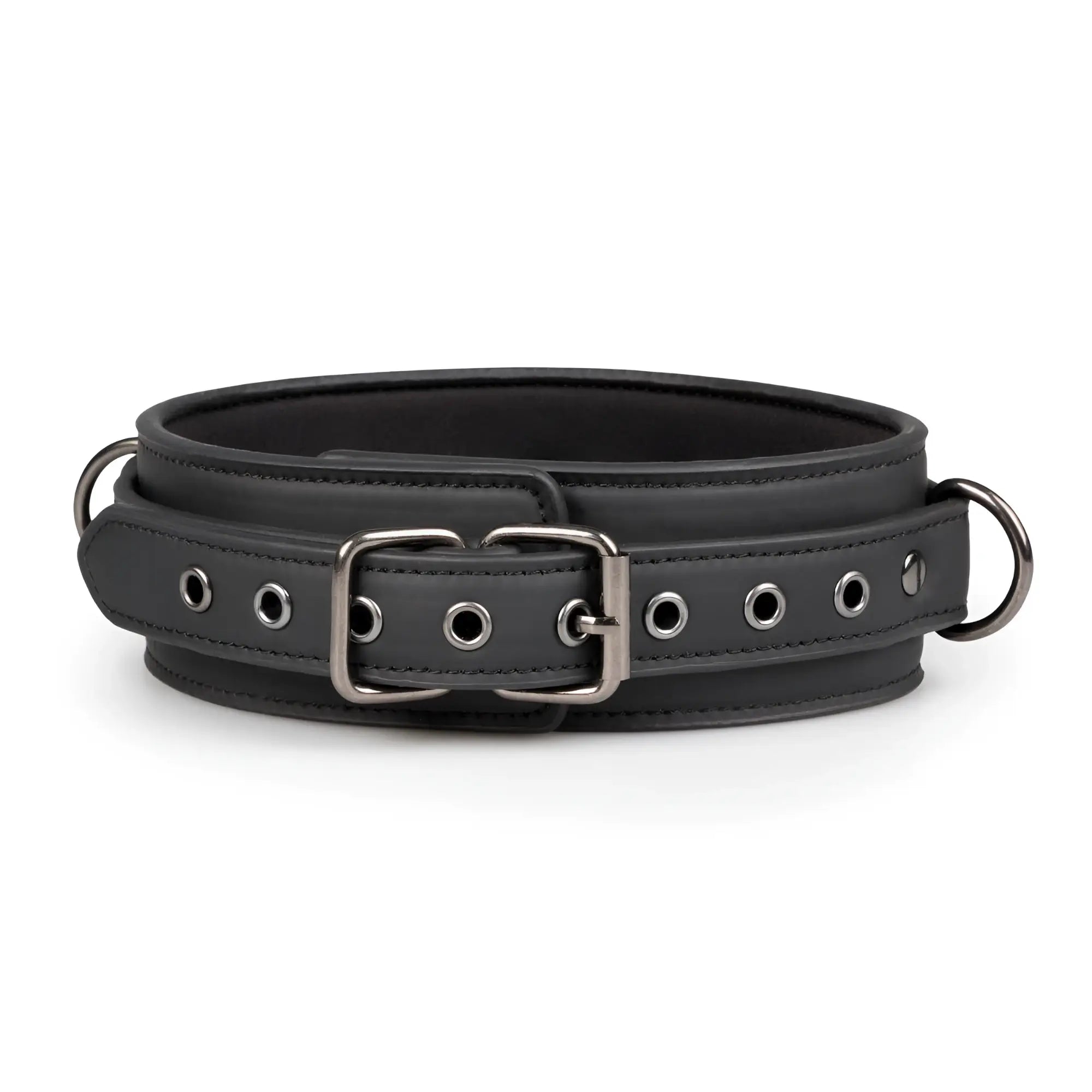 Black leather fetish collar with silver metal buckle and d-rings from fetish collection with leash