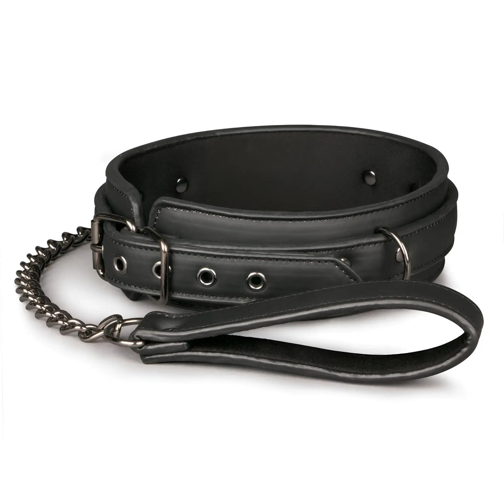 Black leather fetish collar with metal chain leash and handle for bondage and restraint play