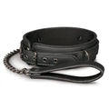 Black leather fetish collar with metal chain leash and handle for bondage and restraint play
