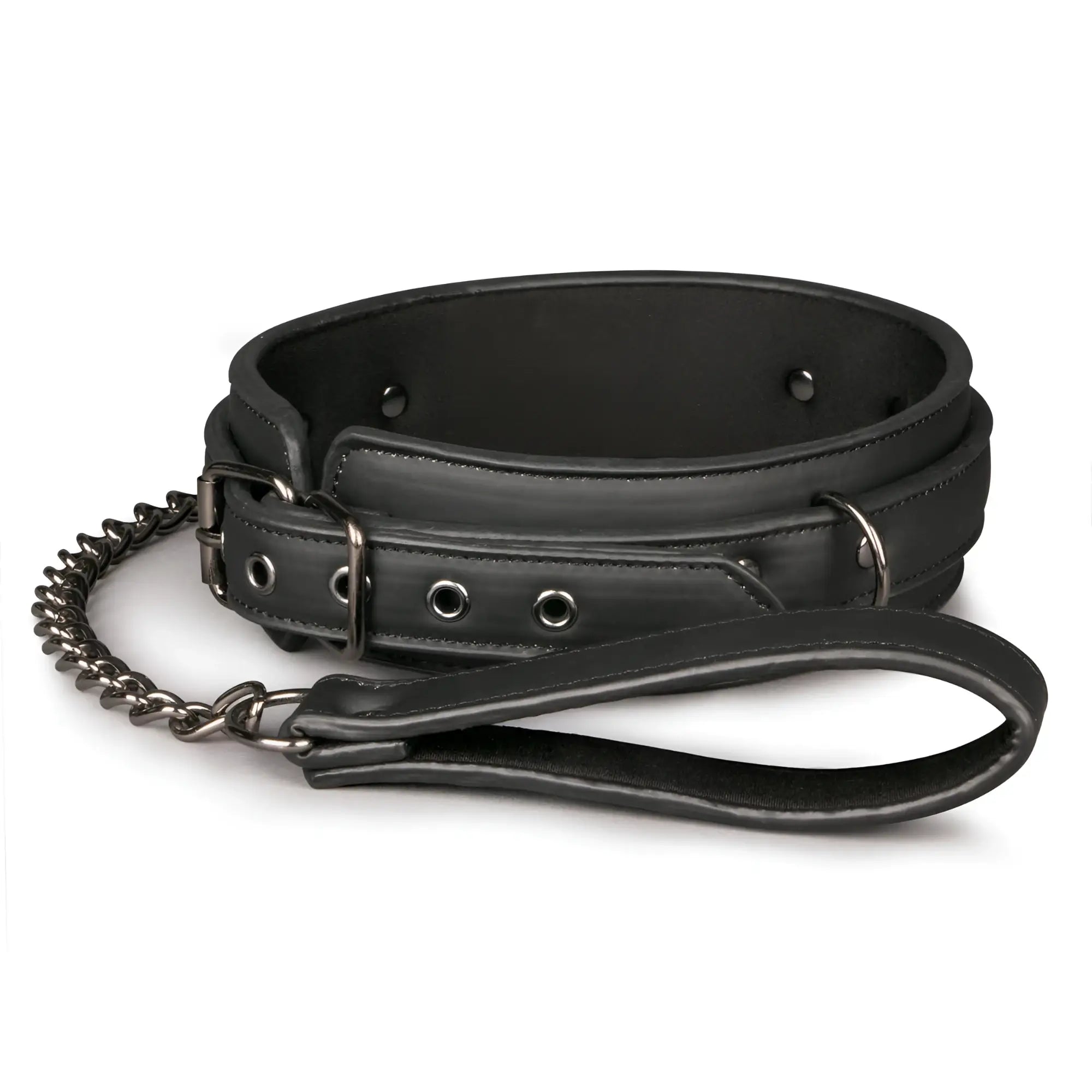 Black leather fetish collar with metal chain leash and handle for bondage and restraint play