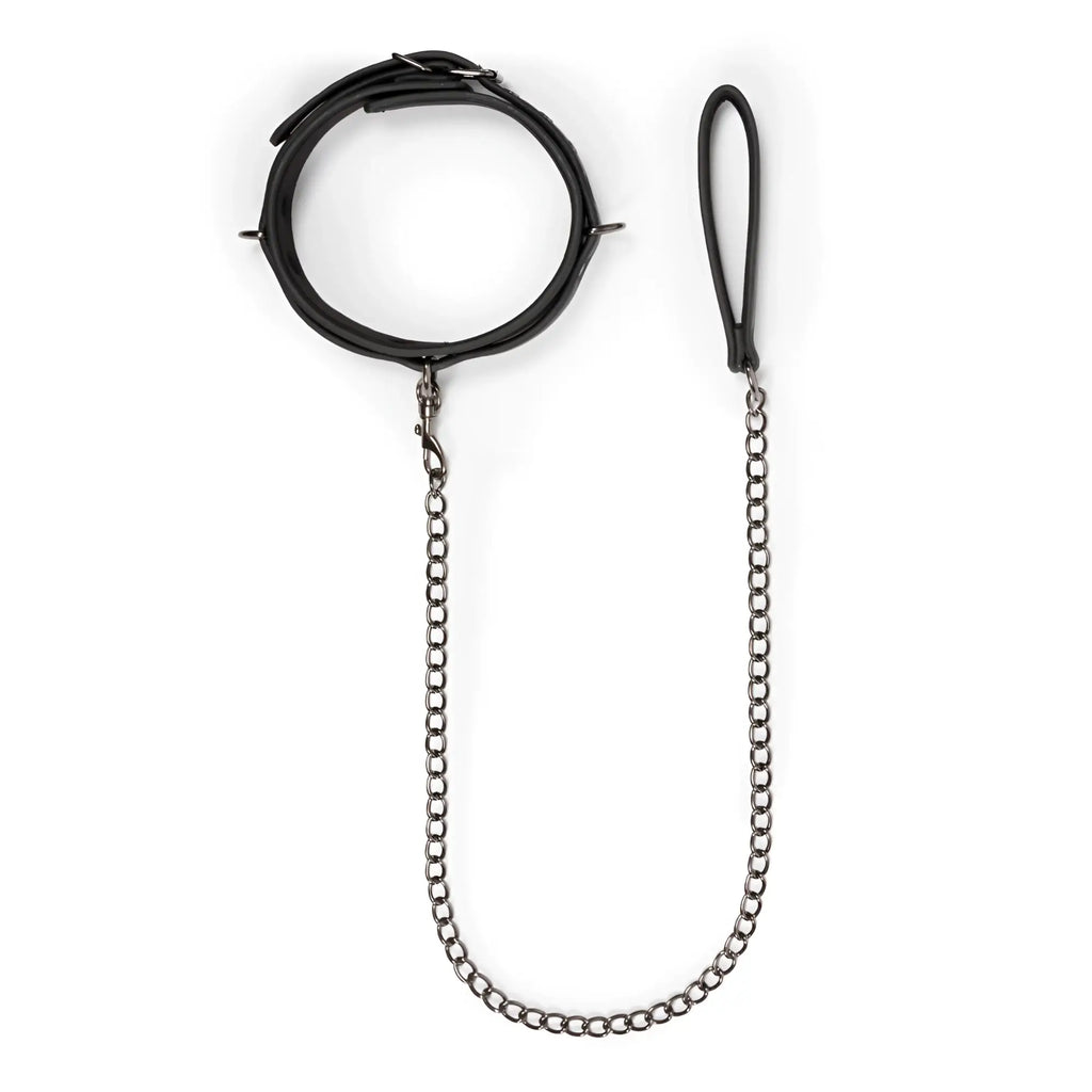 Black leather fetish collar with metal chain and handle from fetish collection for restraint play