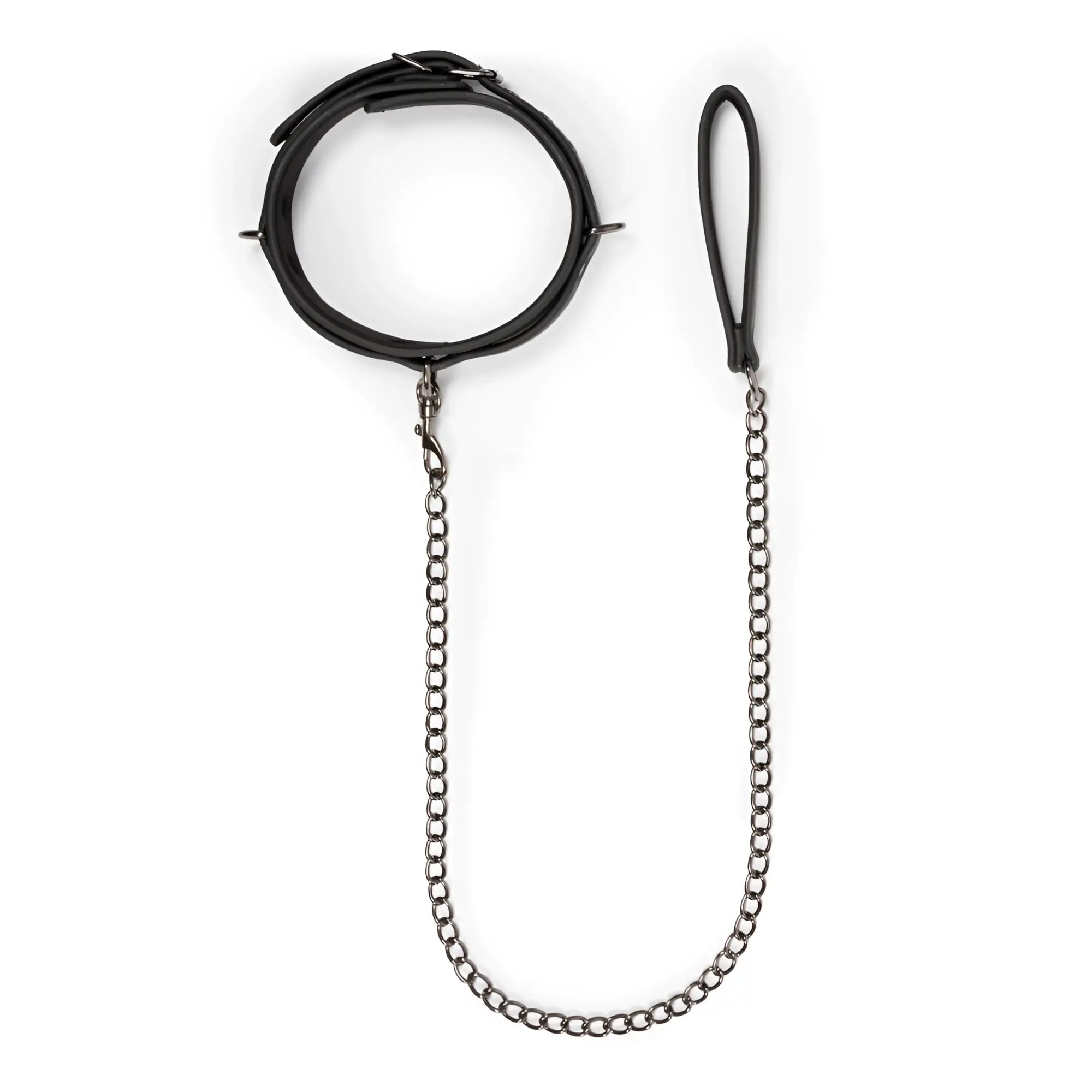 Black leather fetish collar with metal chain and handle from fetish collection for restraint play
