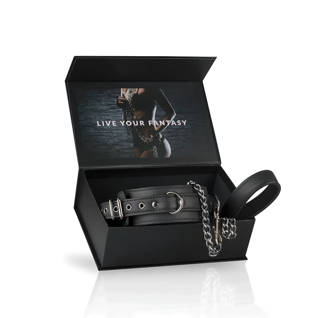 Black leather fetish collar with silver metal hardware and chain attachment from the Fetish Collection with leash