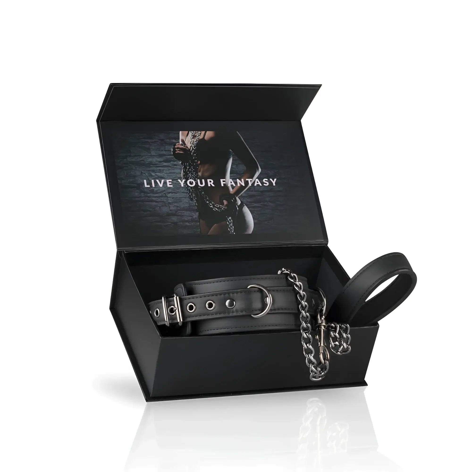 Black leather fetish collar with silver metal hardware and chain attachment from the Fetish Collection with leash