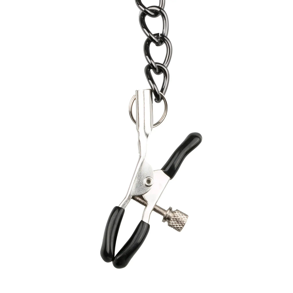 Black-handled metal nipple clamp attached to a chain from fetish collection collar with nipple chains product