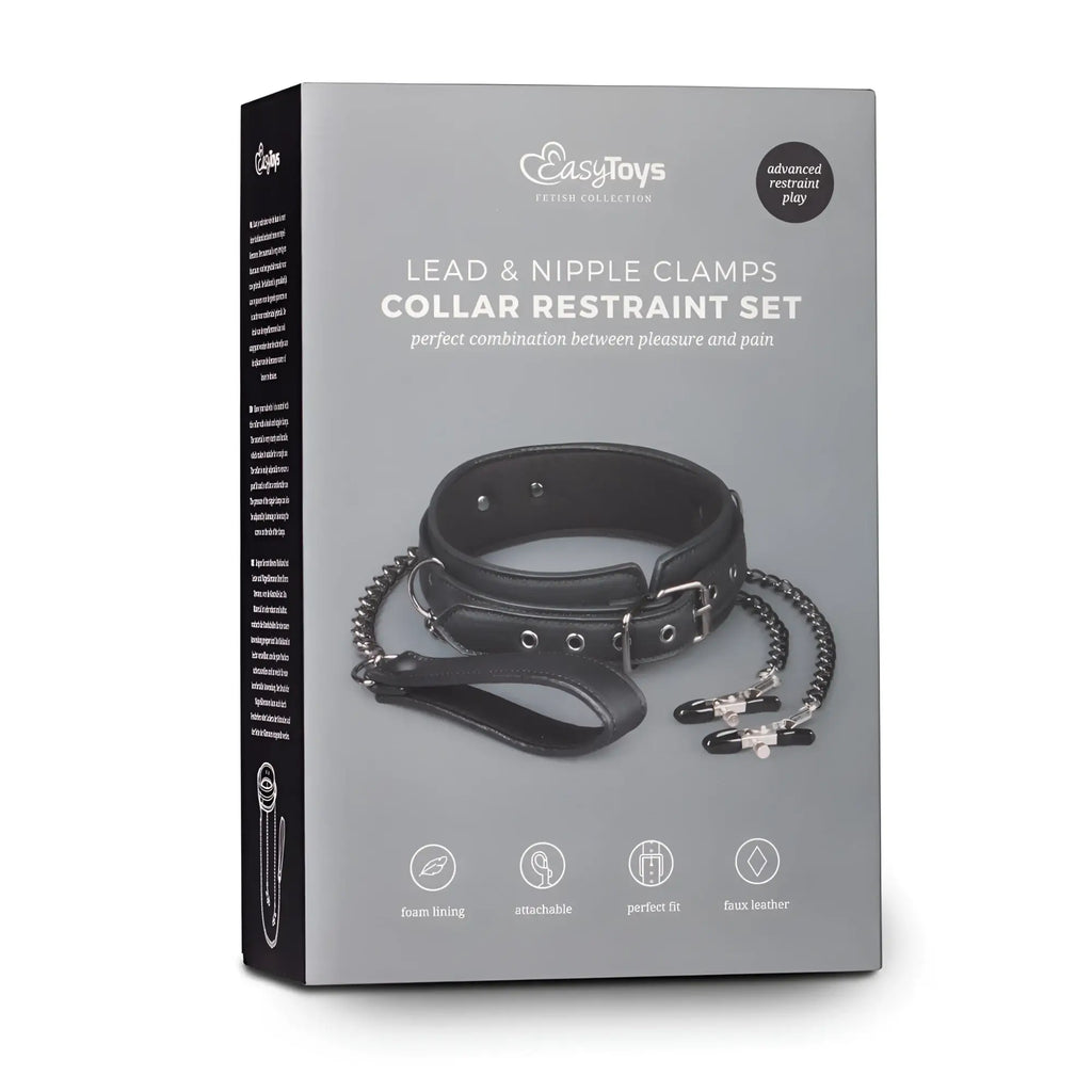 Black leather collar restraint set with attached black nipple chains and clamps from the fetish collection