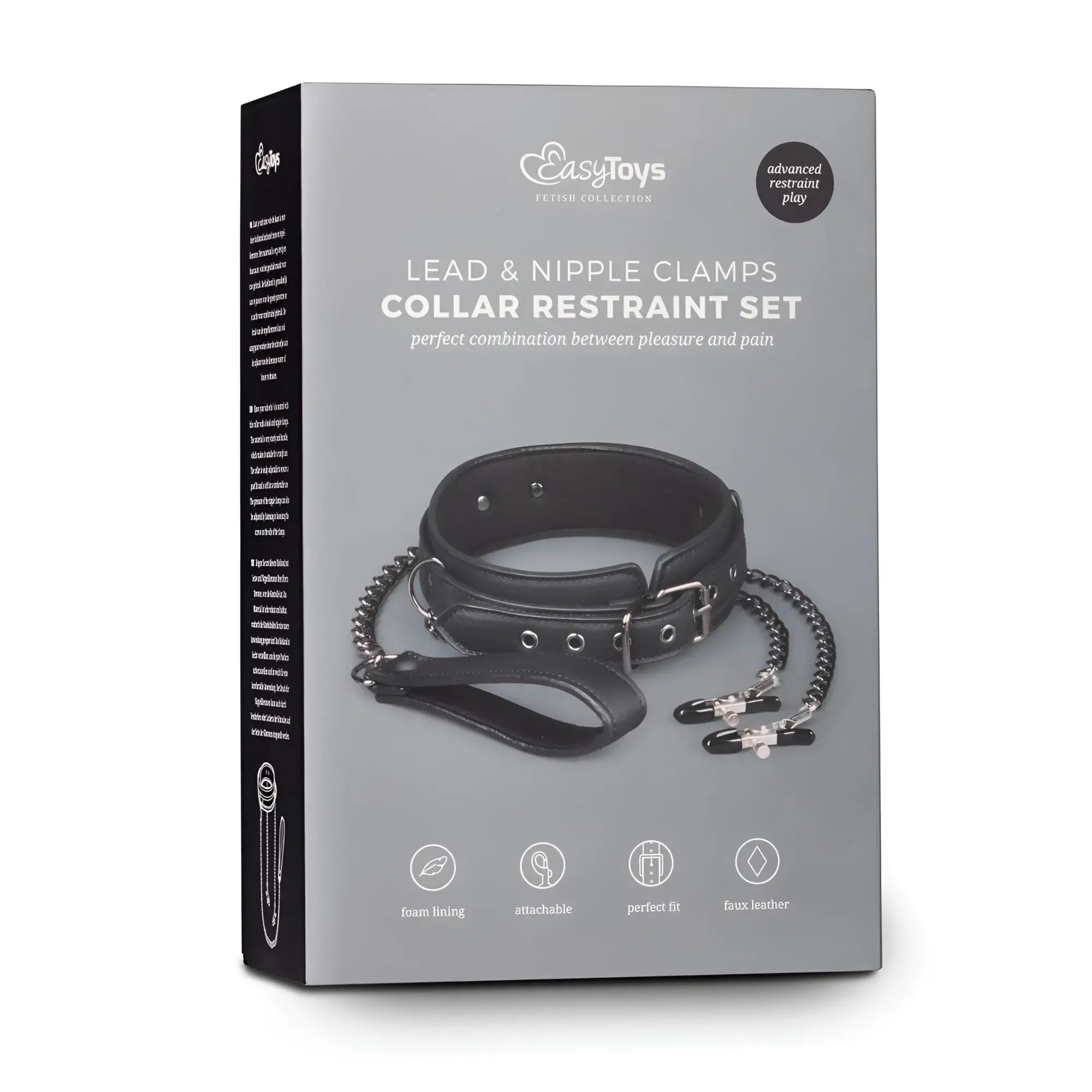 Black leather collar restraint set with attached black nipple chains and clamps from the fetish collection