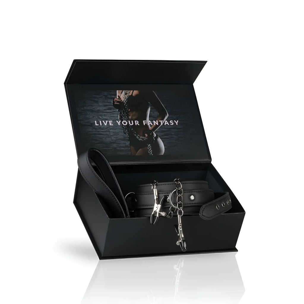 Fetish collection black leather collar with metal nipple chains clamps set in a sleek black gift box