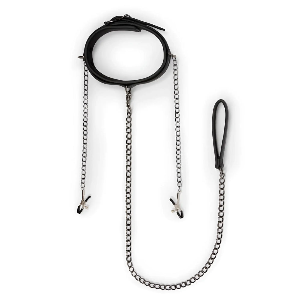 Black leather fetish collar with silver nipple chains metal clamps for alternative fashion or kink use