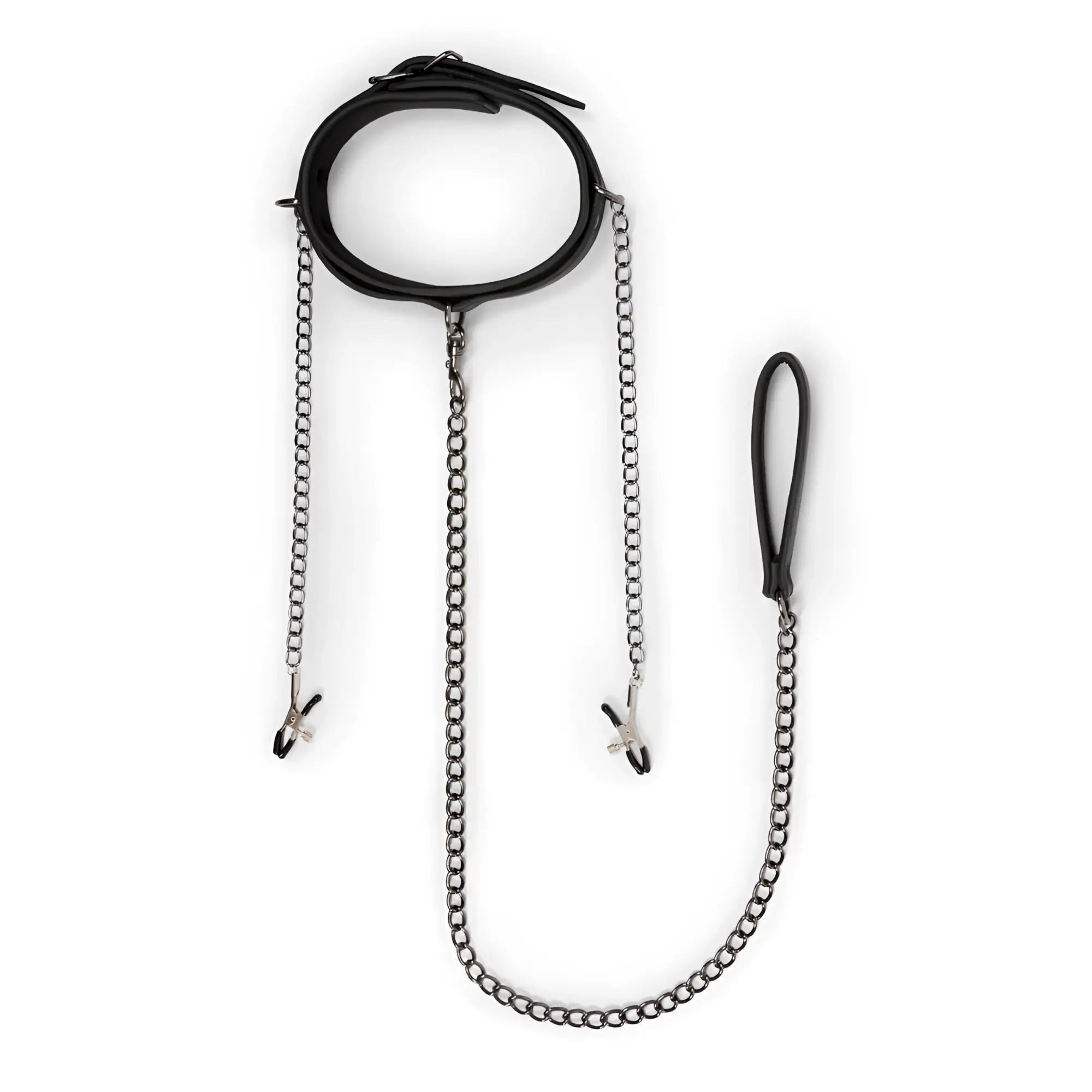 Black leather fetish collar with silver nipple chains metal clamps for alternative fashion or kink use