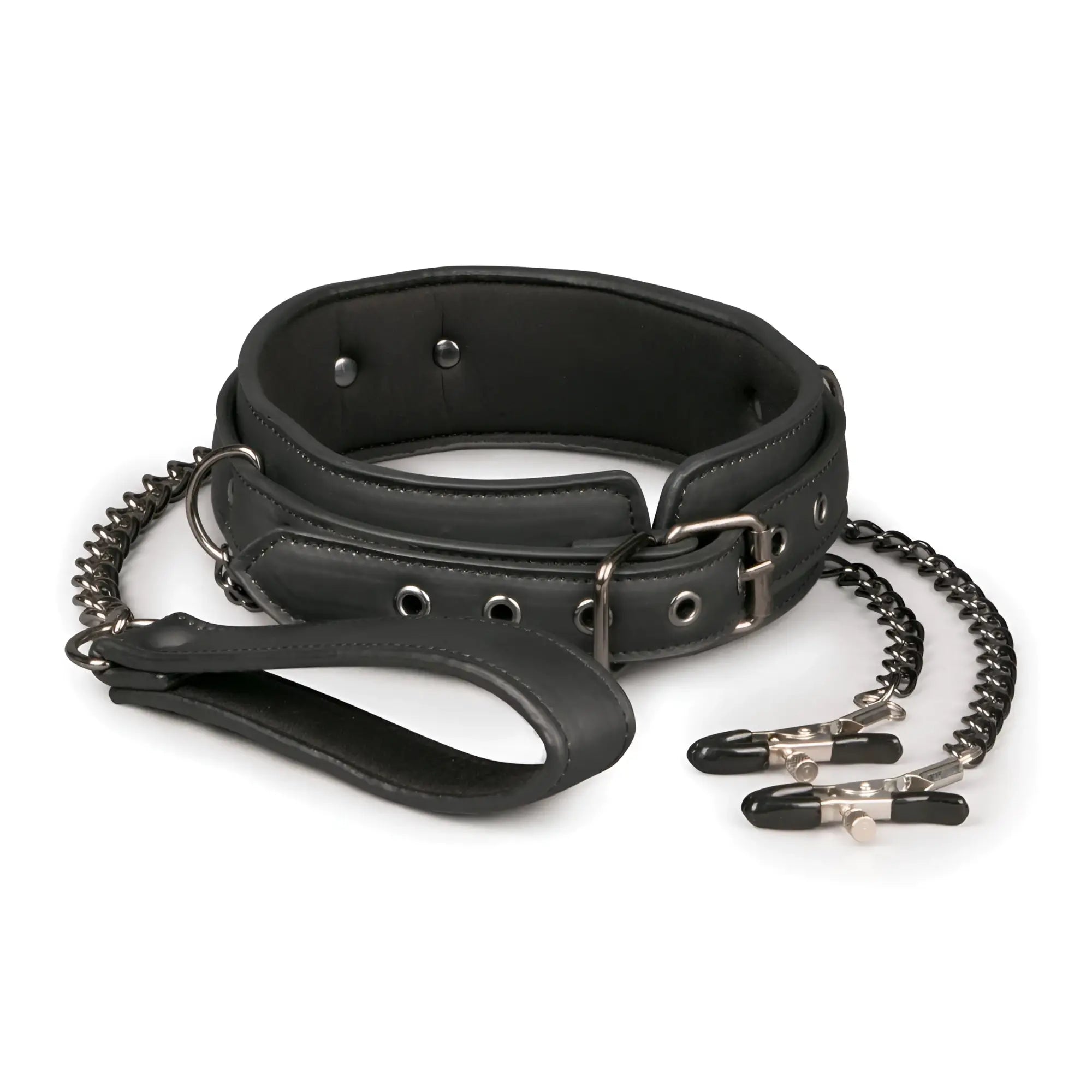 Black leather fetish collar with silver metal hardware, nipple chains, attached clip, and leash