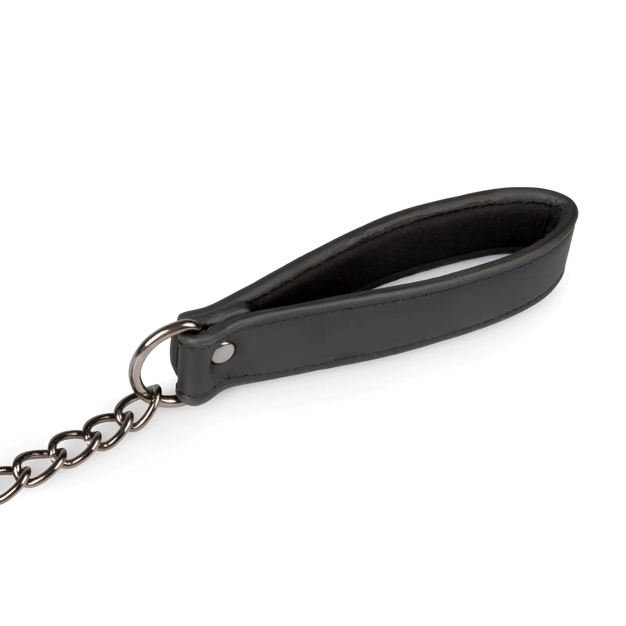 Black leather fetish collar with metal ring and nipple chains for intimate use
