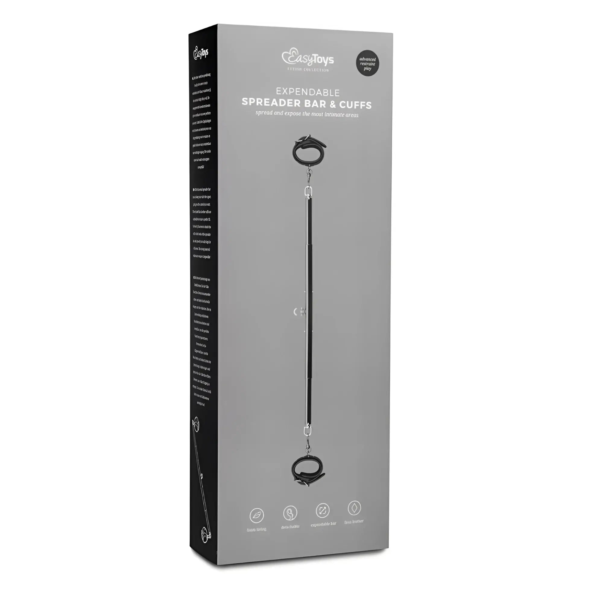 Black easytoys expander spreader bar and cuffs set made of durable material in sleek minimalist packaging design