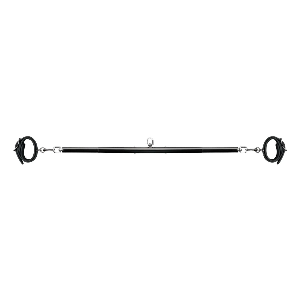 Black leather handcuff-style restraint bar with silver metal links and central lock from fetish collection expander spreader bar set