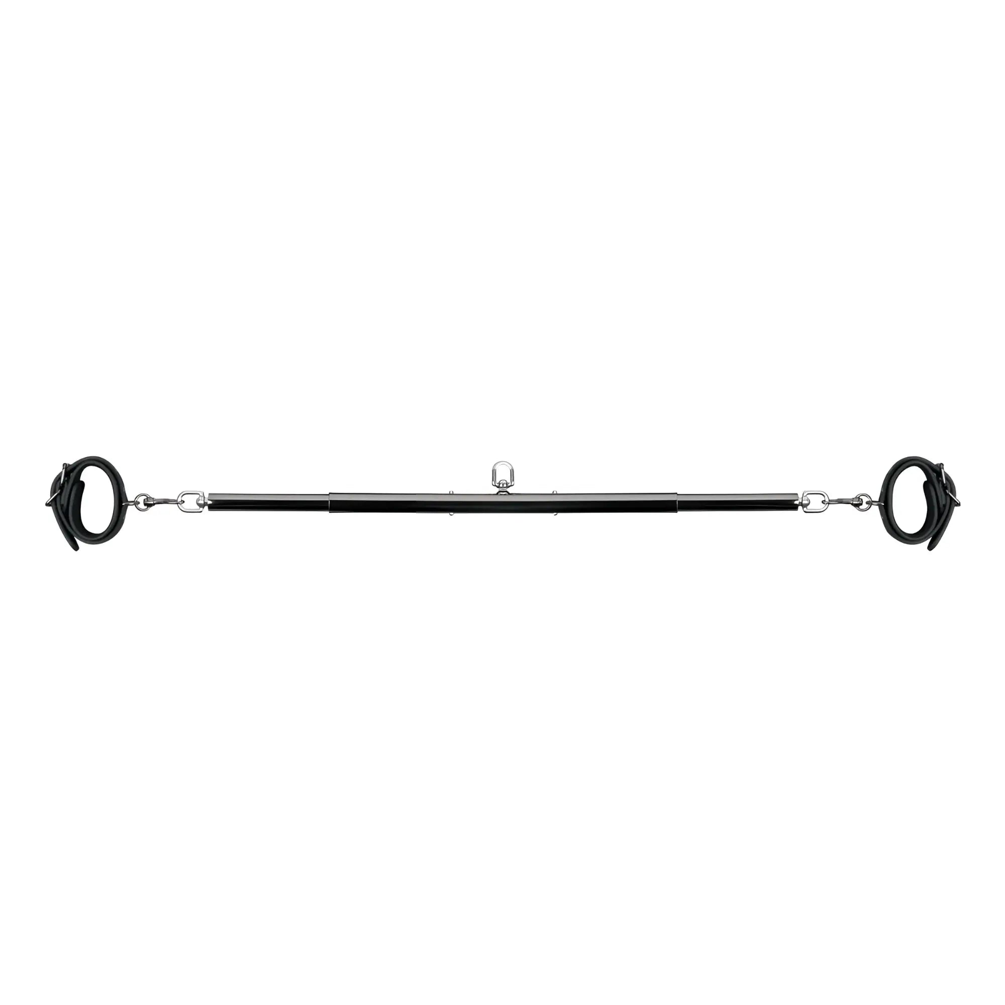 Black leather handcuff-style restraint bar with silver metal links and central lock from fetish collection expander spreader bar set