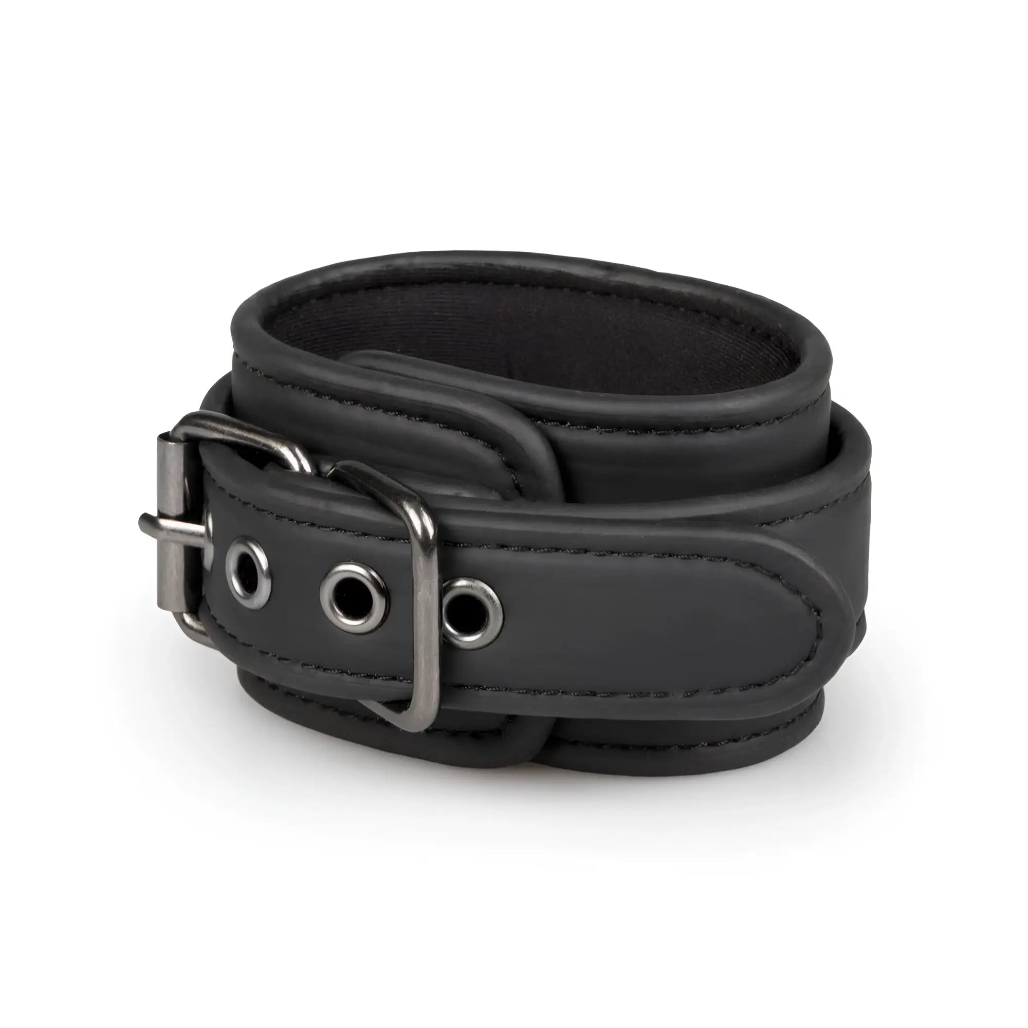 Black leather wrist cuff with silver-toned buckle and three metal eyelets from fetish collection expander spreader bar set