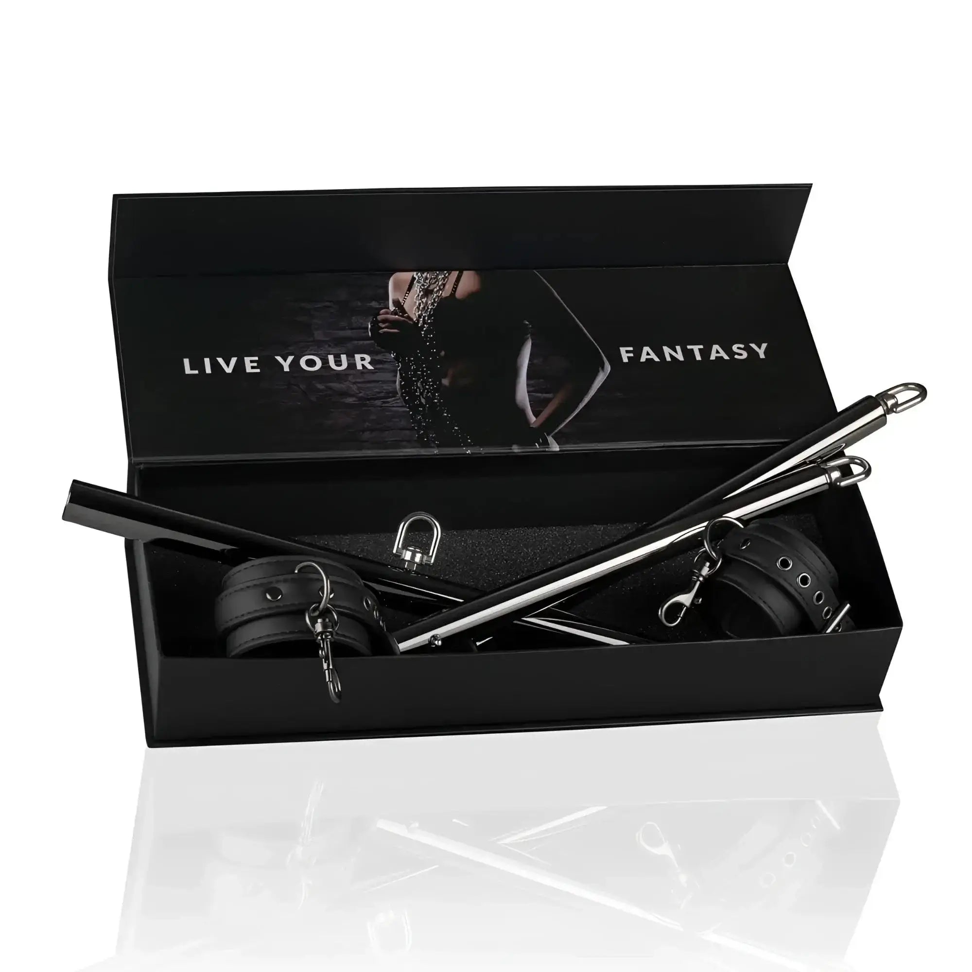 Black leather and metal bondage expander spreader bar and cuffs set in sleek black box from fetish collection