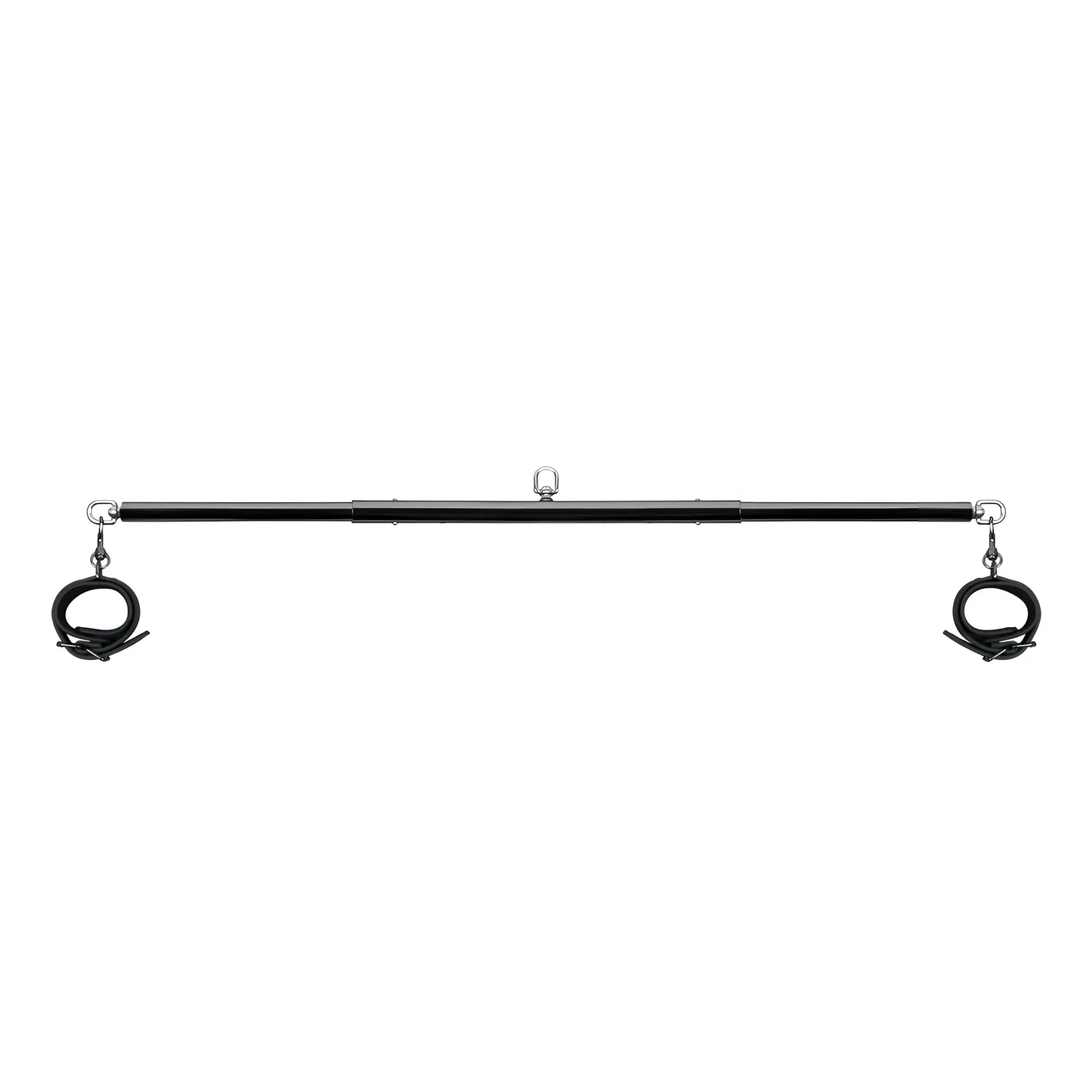 Black metal bondage expander spreader bar with adjustable cuffs and central hook from fetish collection set