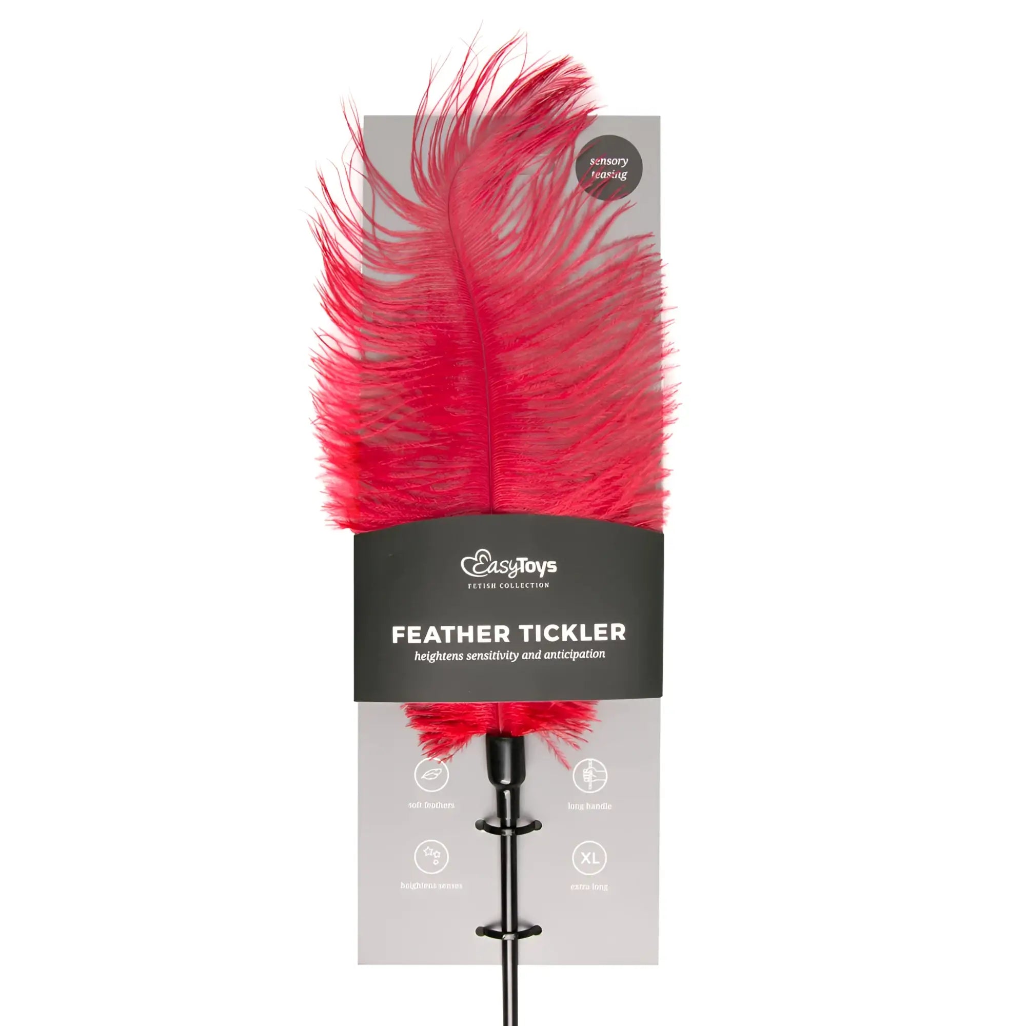 Bright red feather tickler with a black handle in easy toys branded packaging from the fetish collection feather tickler red
