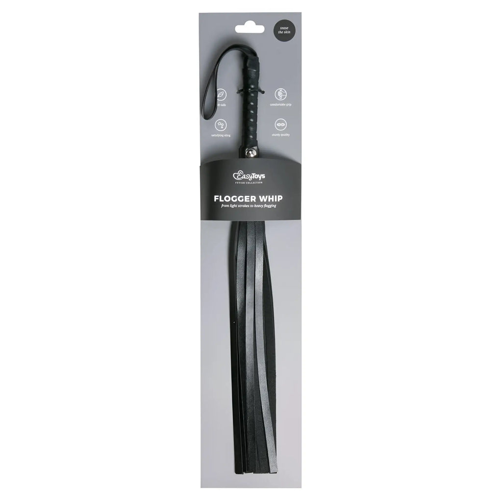 Fetish collection flogger whip leather black leather straps with handle packaged in branded display card