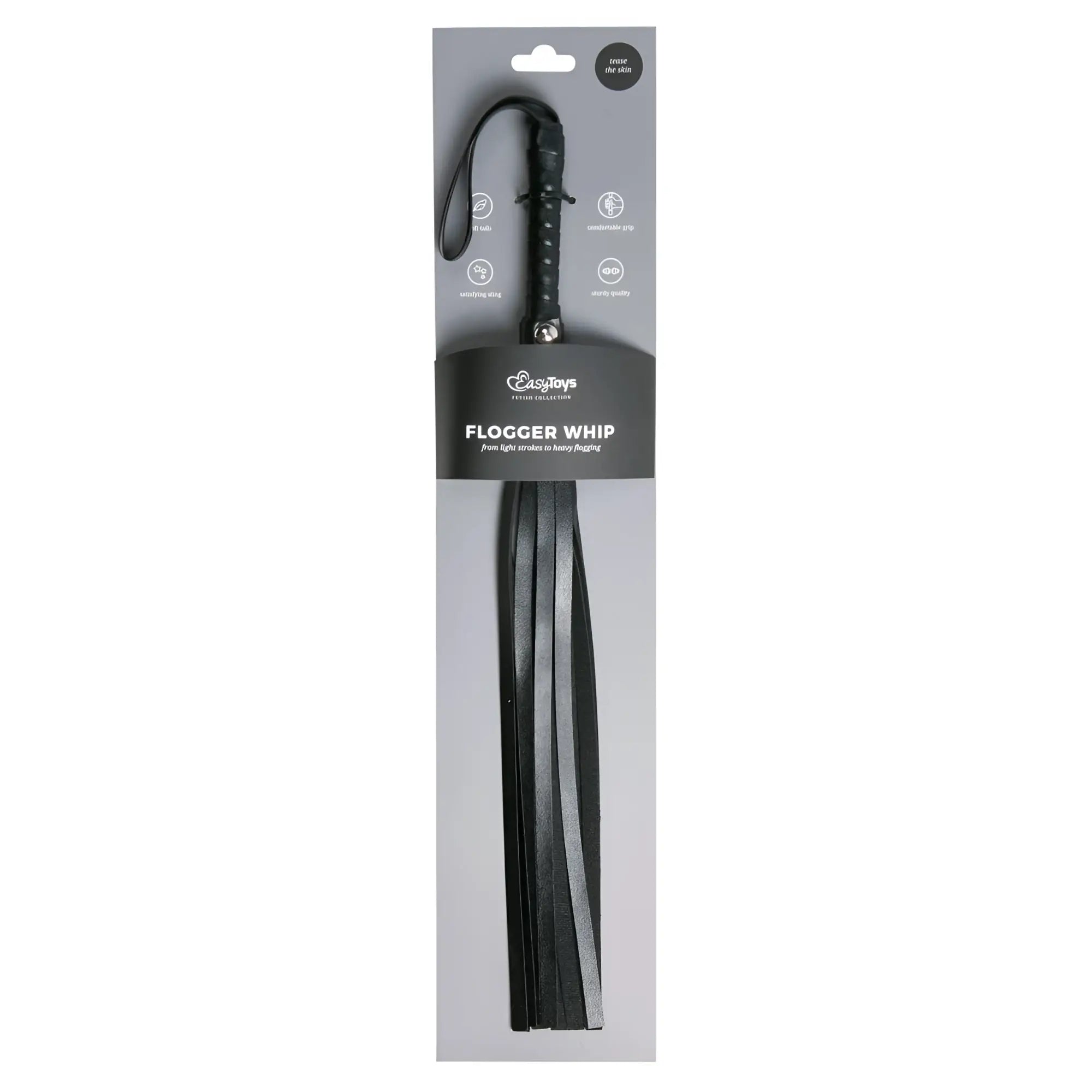Fetish collection flogger whip leather black leather straps with handle packaged in branded display card