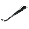 Black leather flogger whip with textured handle and multiple thin evenly spaced straps from fetish collection