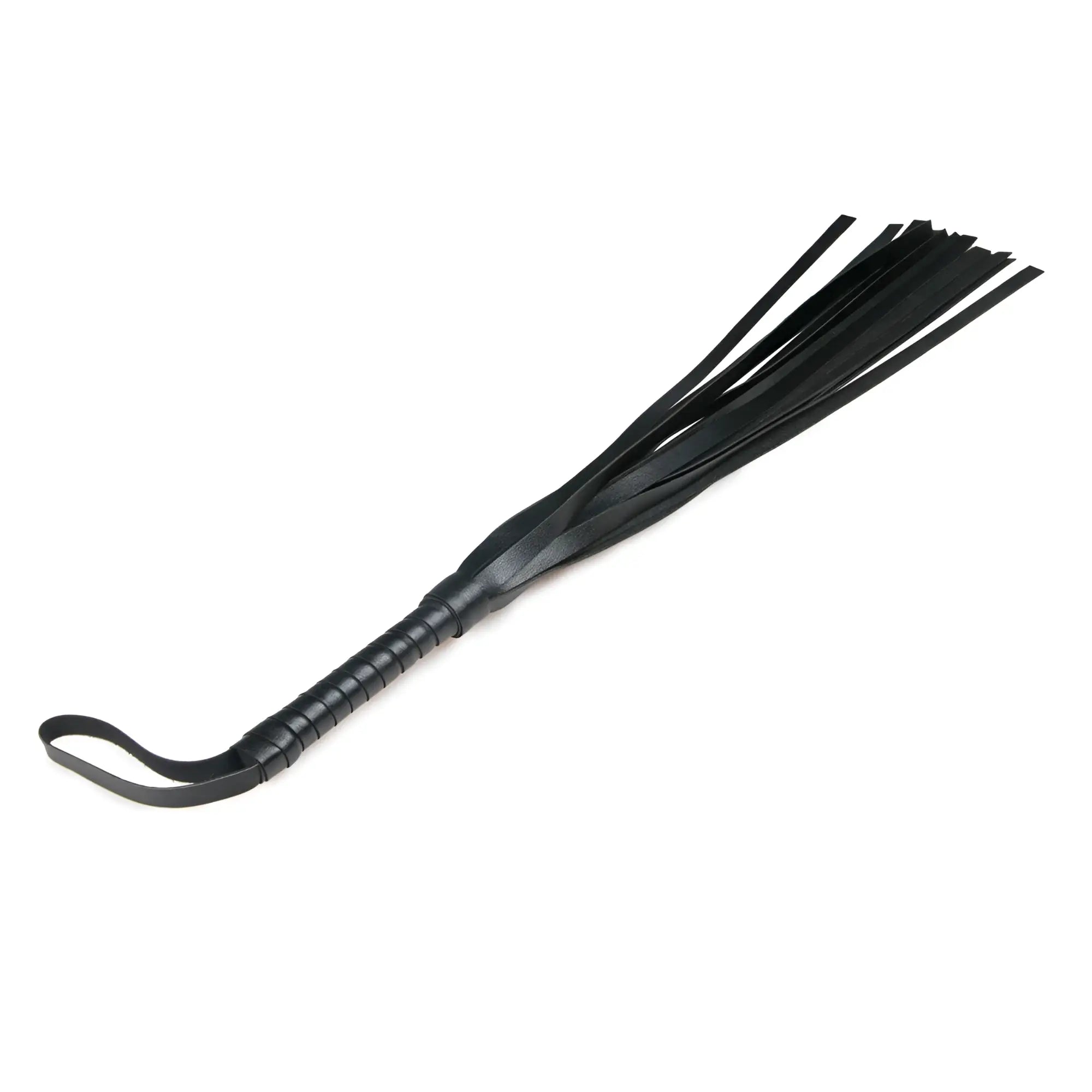 Black leather flogger whip with textured handle and multiple thin evenly spaced straps from fetish collection
