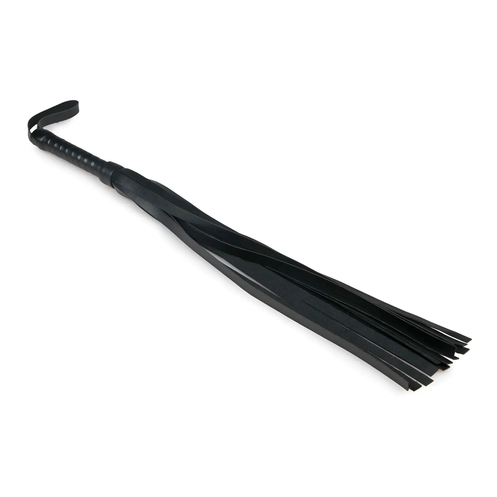 Black leather flogger whip from fetish collection with a textured handle and multiple thin evenly spaced straps