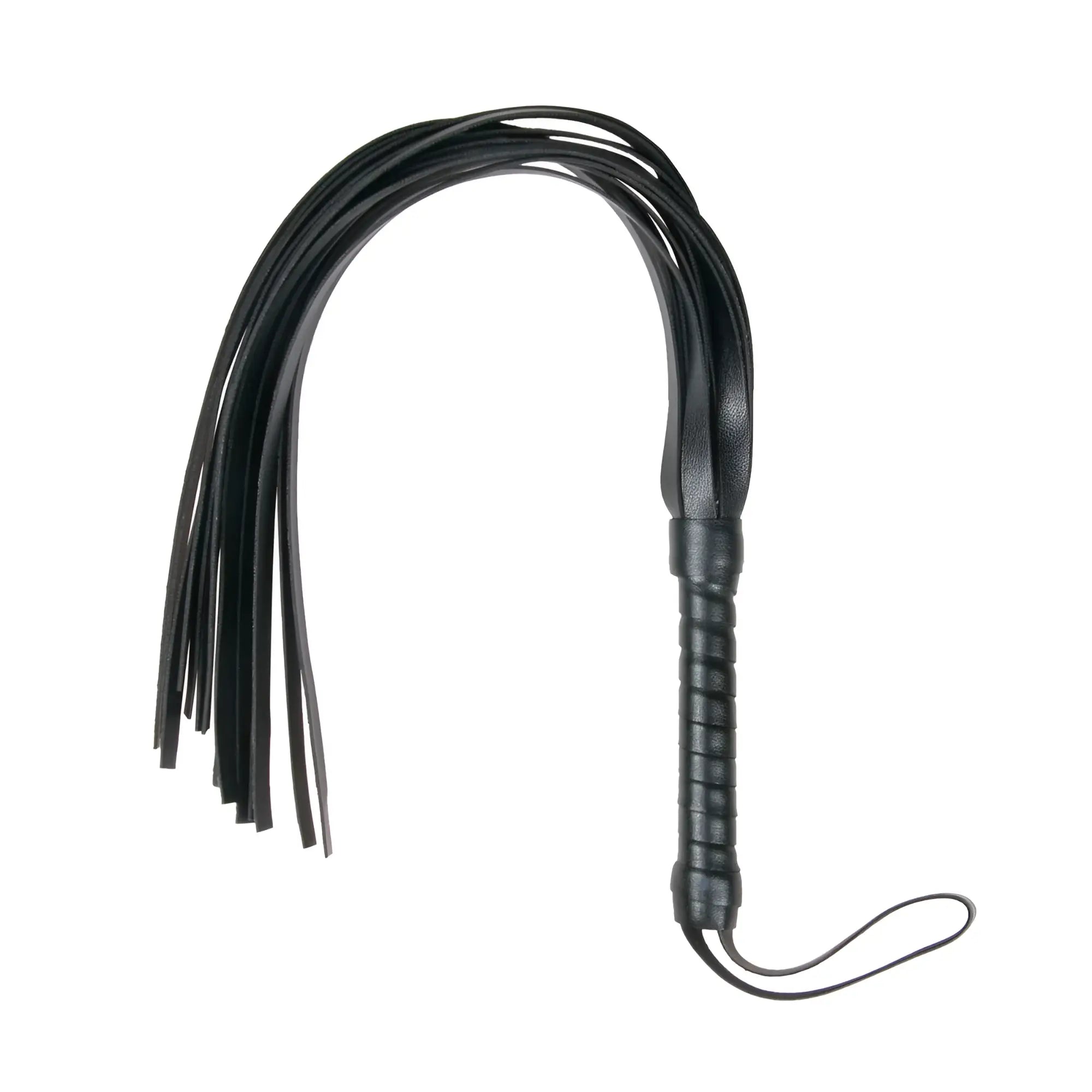 Black leather flogger whip with textured ribbed handle and multiple thin straps from fetish collection