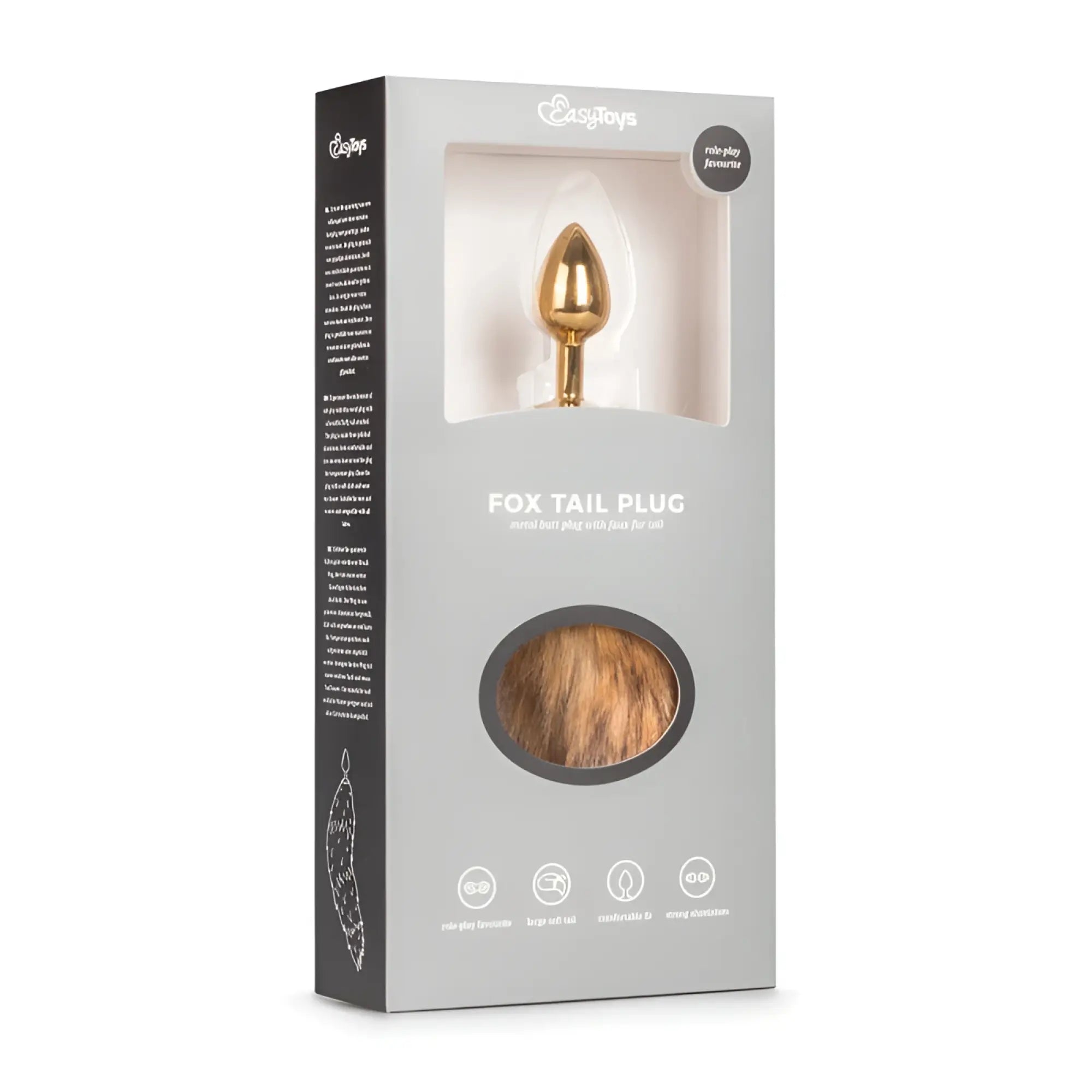 Gold-colored metal fox tail plug with brown and tan faux fur base in easytoys box from fetish collection fox tail no 1