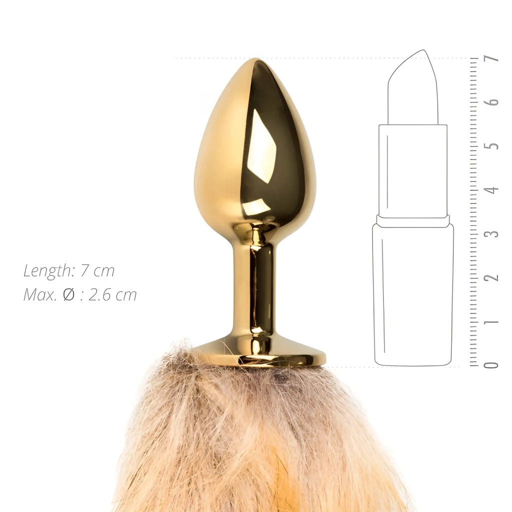 Fetish collection fox tail no 1 gold plug polished gold metal anal plug with beige faux fur base