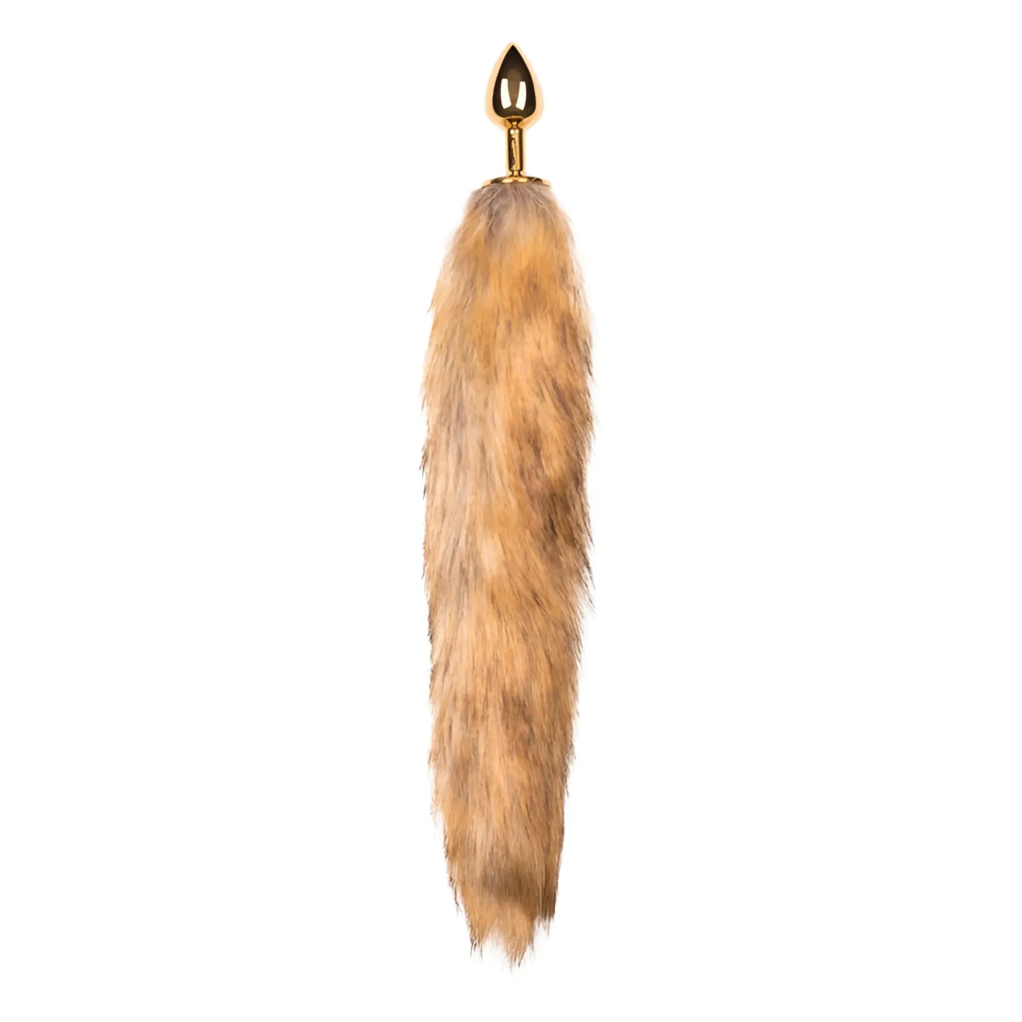 A golden-tipped faux fur fox tail with a sleek metallic gold plug from the fetish collection fox tail no 1