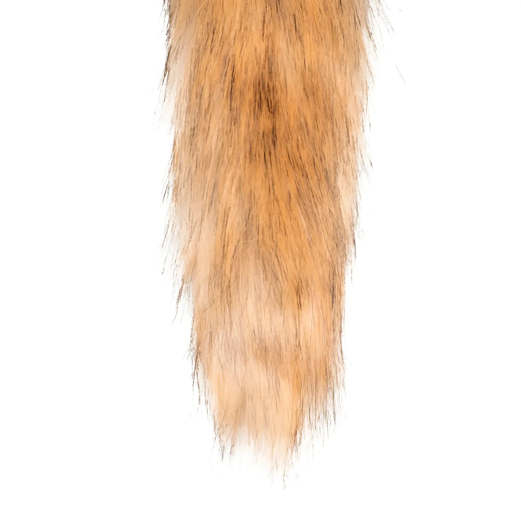 A plush orange-brown faux fur fox tail with a soft dense texture and gold plug from Fetish Collection fox tail no 1