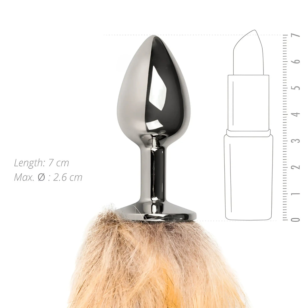 Shiny chrome-plated silver anal plug with a fluffy light brown faux fur base from fetish collection fox tail no 1