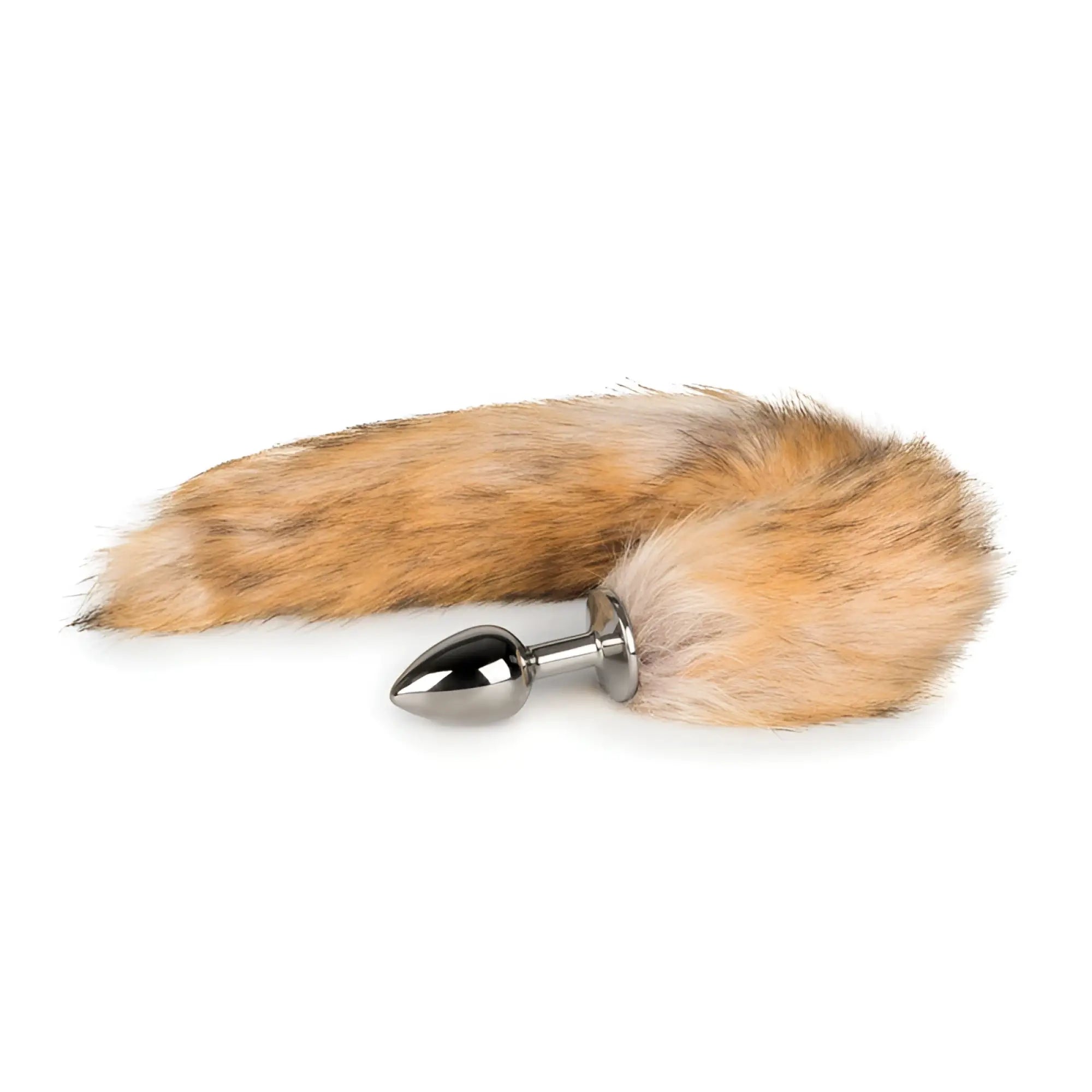 Fetish collection fox tail no. 1 silver plug featuring a sleek metallic anal plug with tan and brown fluffy fox tail