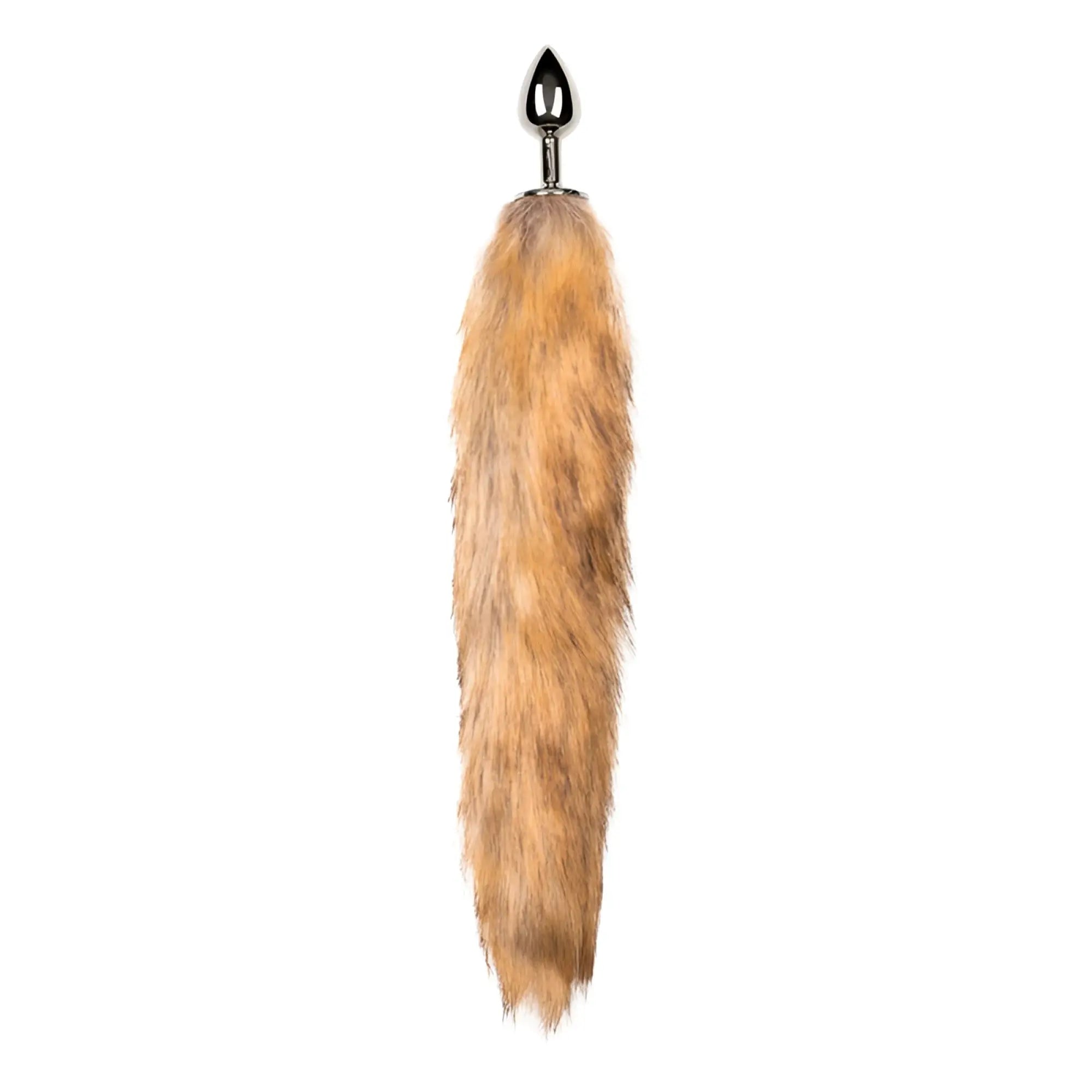 A sleek silver metallic-tipped anal plug with a long plush tan faux fur fox tail from Fetish Collection